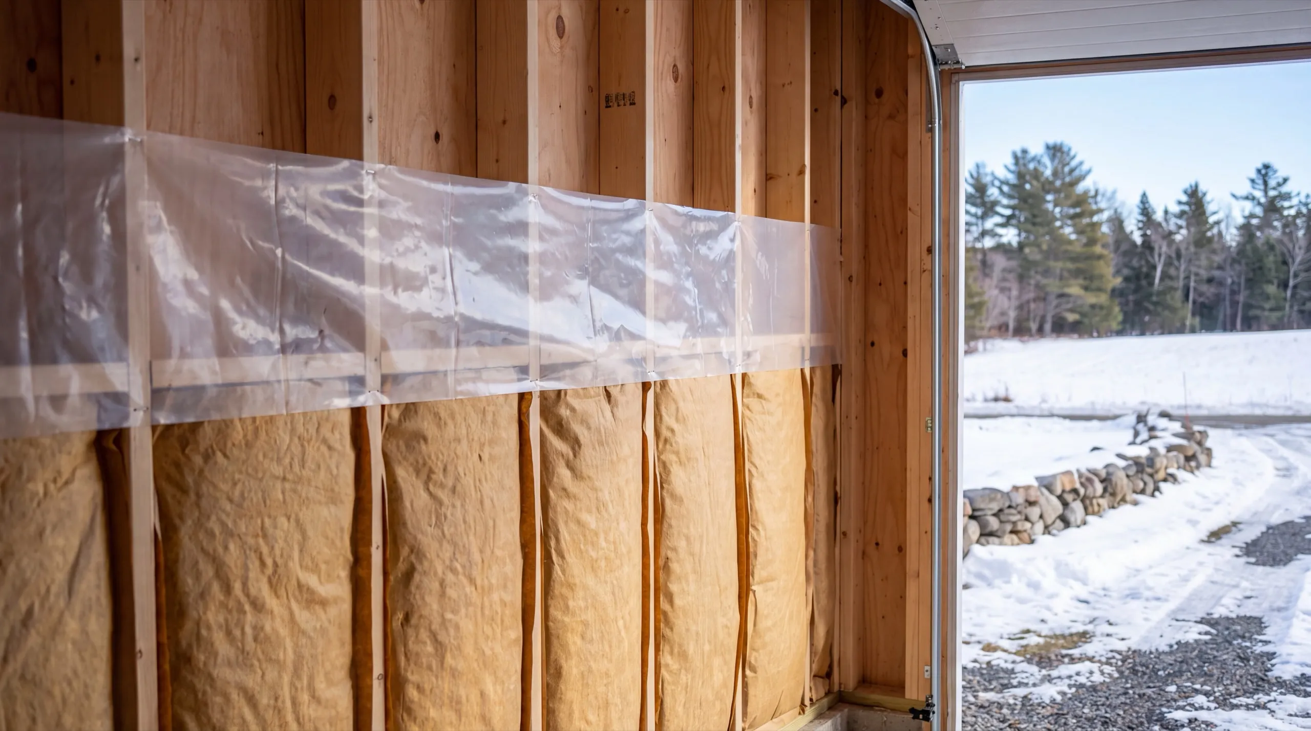 Garage remodeling Chelsea Maine: faced batt insulation and plastic sheeting going up on garage stud walls