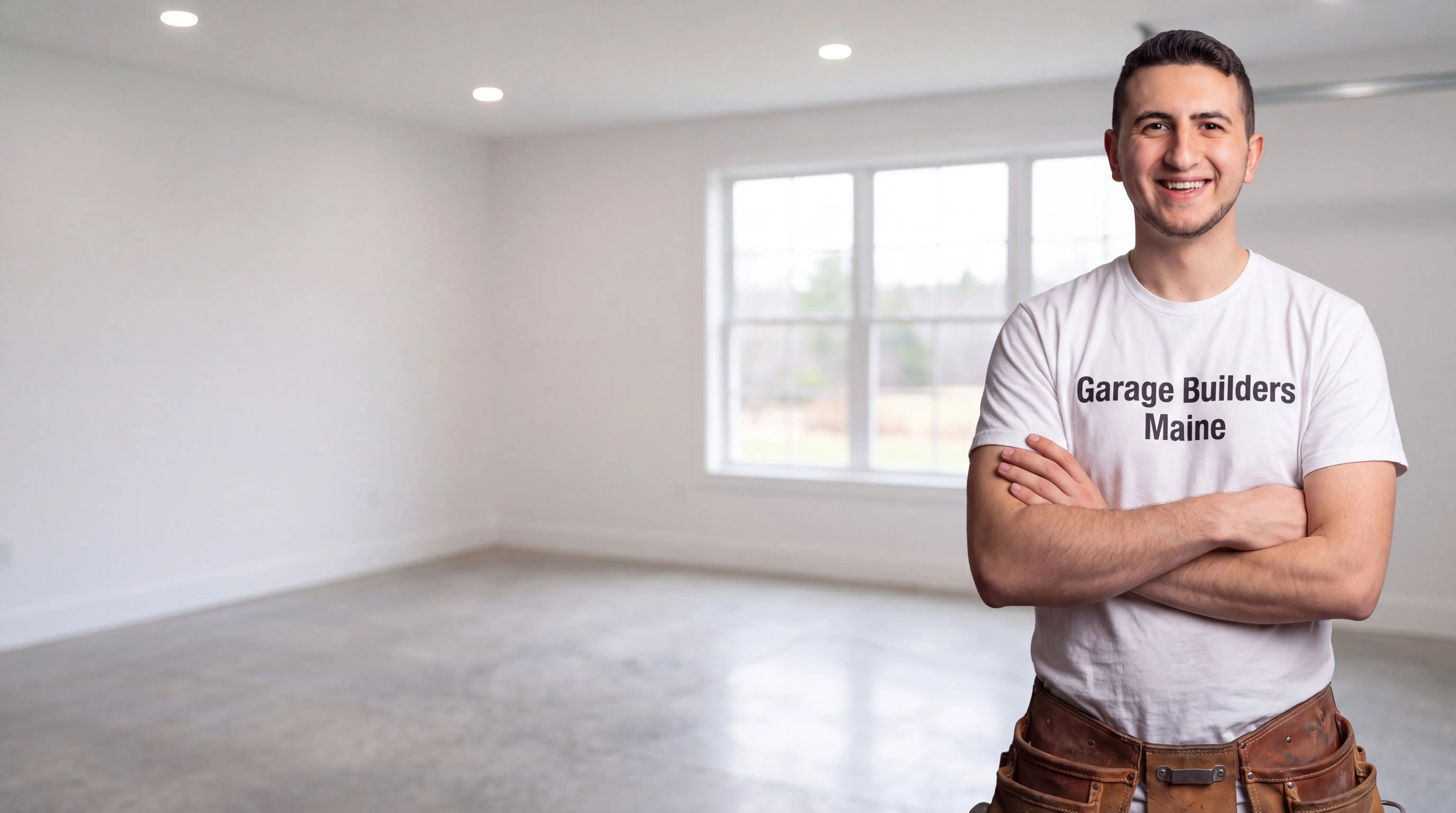 Garage remodeling Chelsea Maine: owner with arms crossed in a finished garage room with a concrete floor