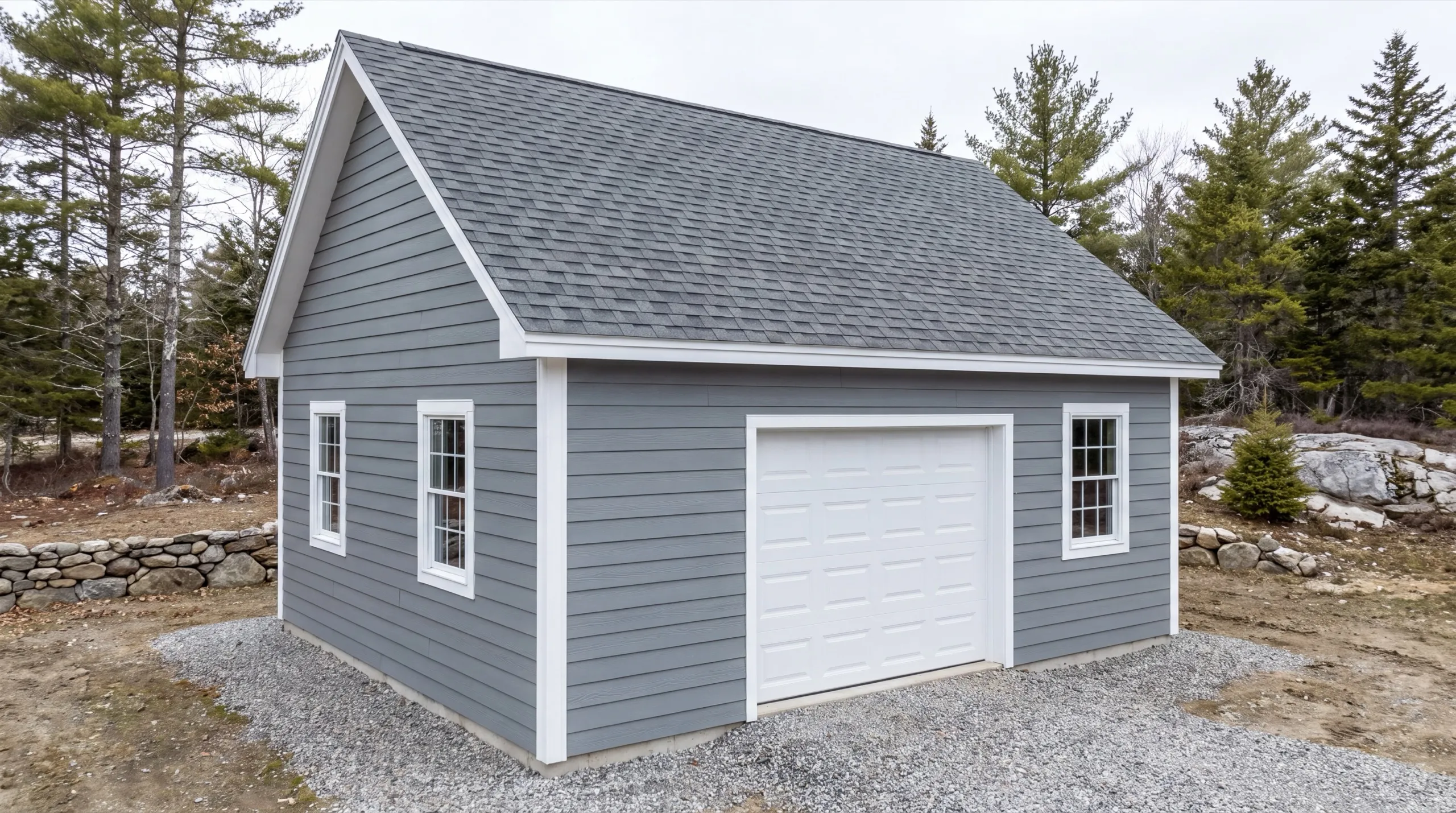 Garage remodeling contractor Central Maine: gray one-bay detached garage with a white overhead door and lap siding