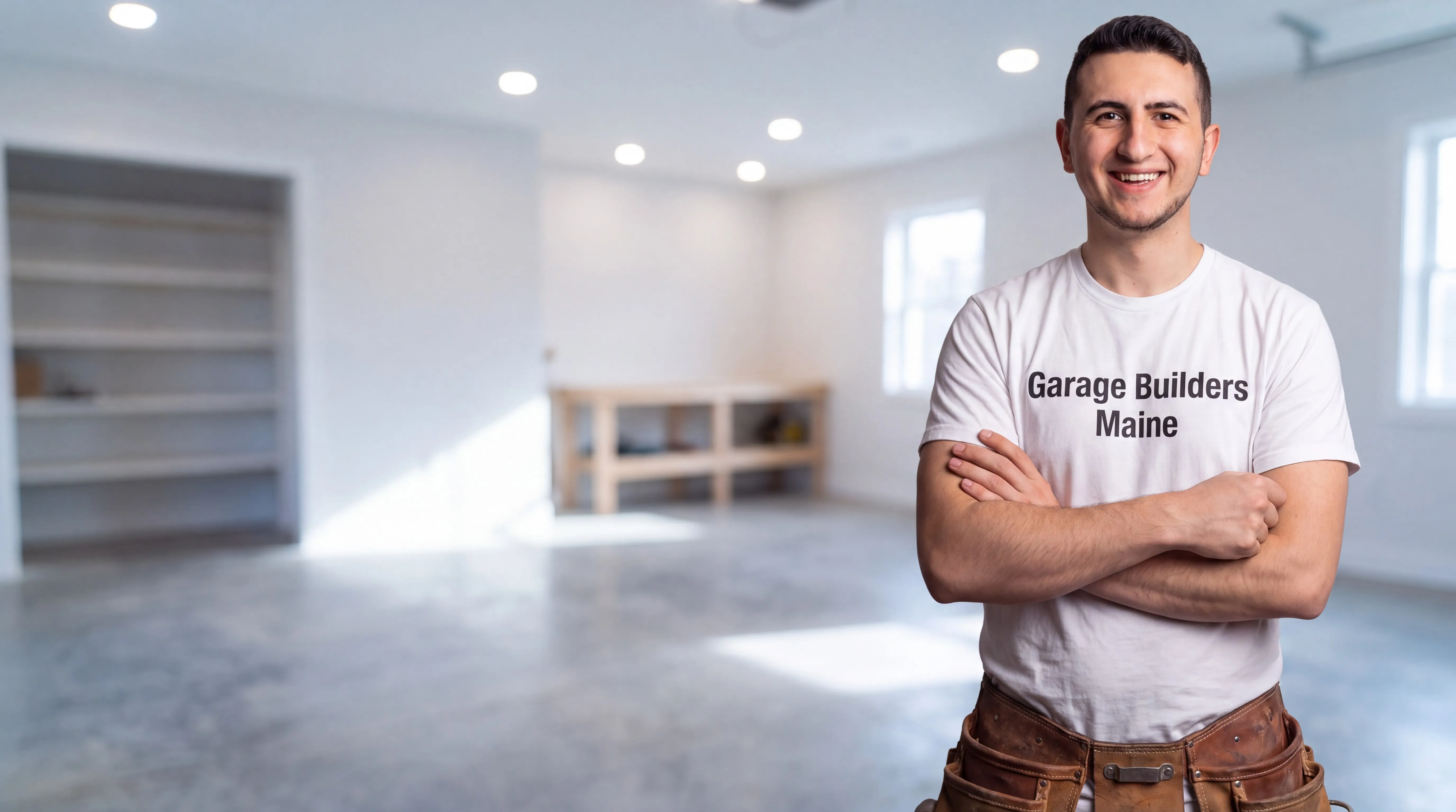 Garage remodeling Dresden Maine: owner with arms crossed in a finished garage room with shelves and a workbench