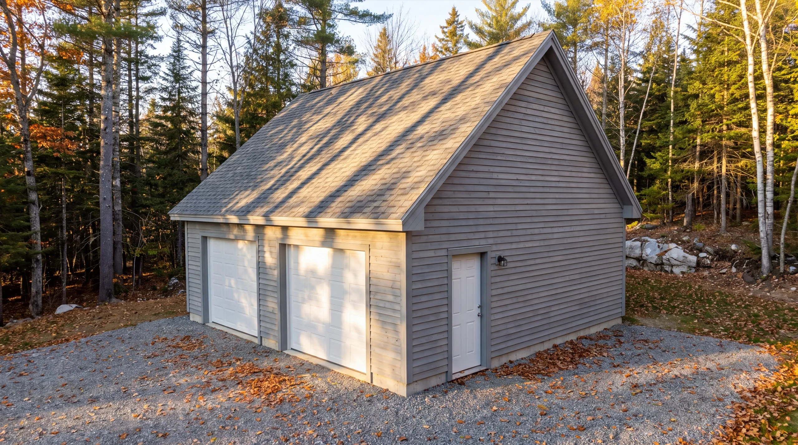 Garage remodeling contractor Dresden Maine: gray two-bay garage with white doors and a side door on a wooded lot