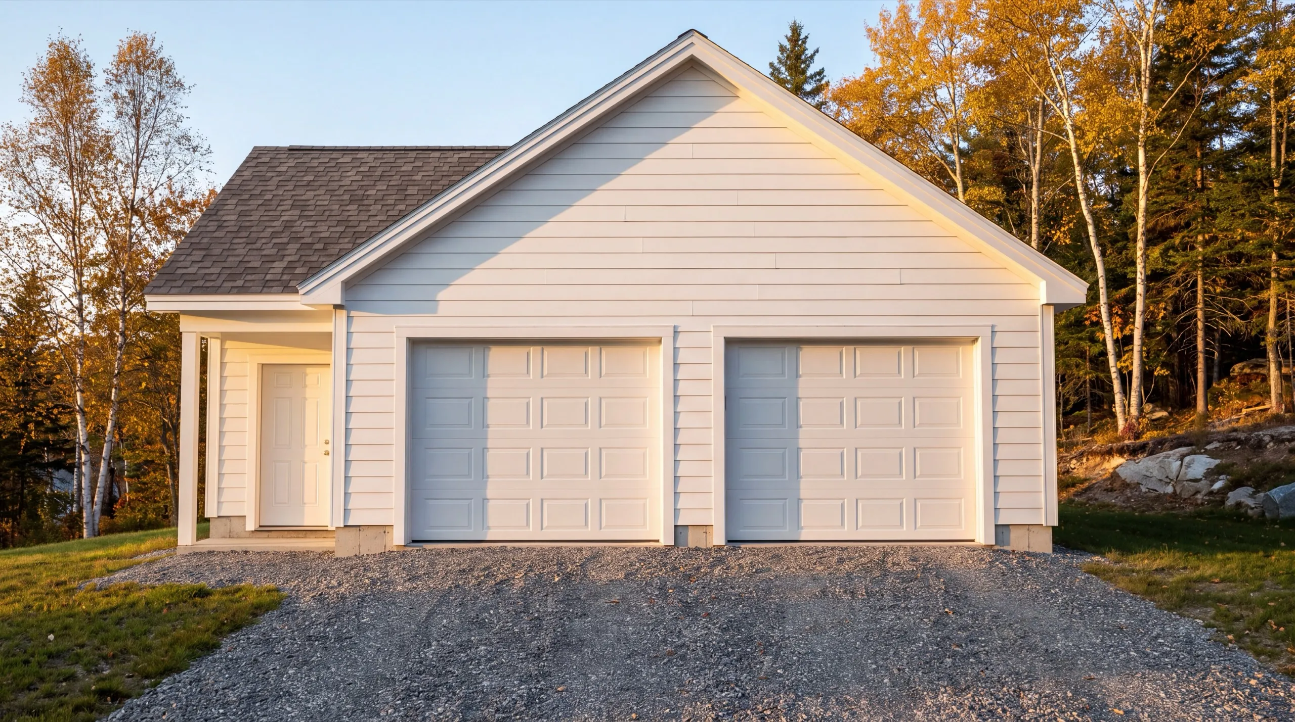 Garage remodeling Farmingdale Maine: finished white two-bay garage with a covered side entry on a gravel drive