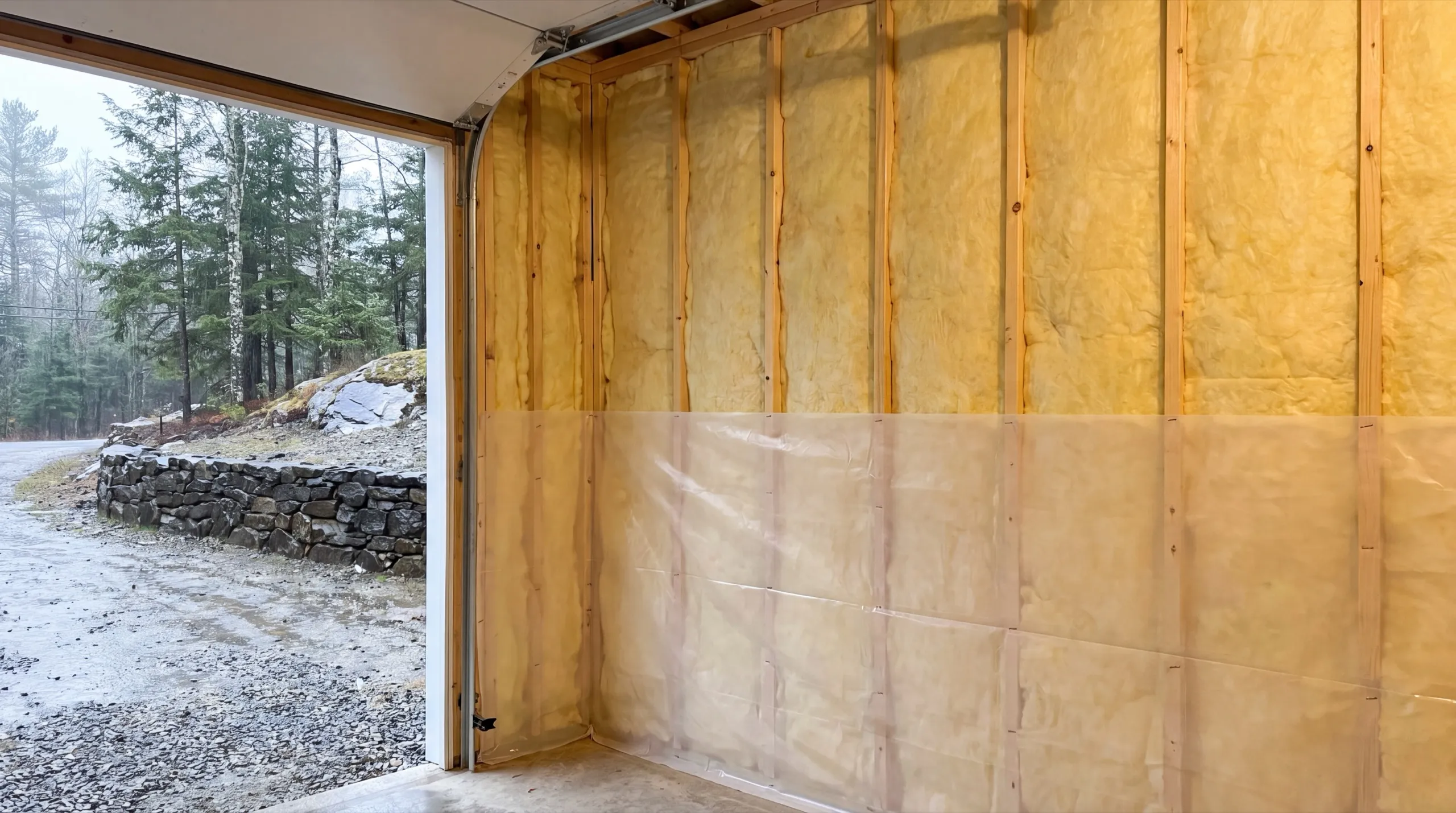 Garage renovation contractor Farmingdale Maine: batt insulation and plastic vapor barrier on garage stud walls, door open