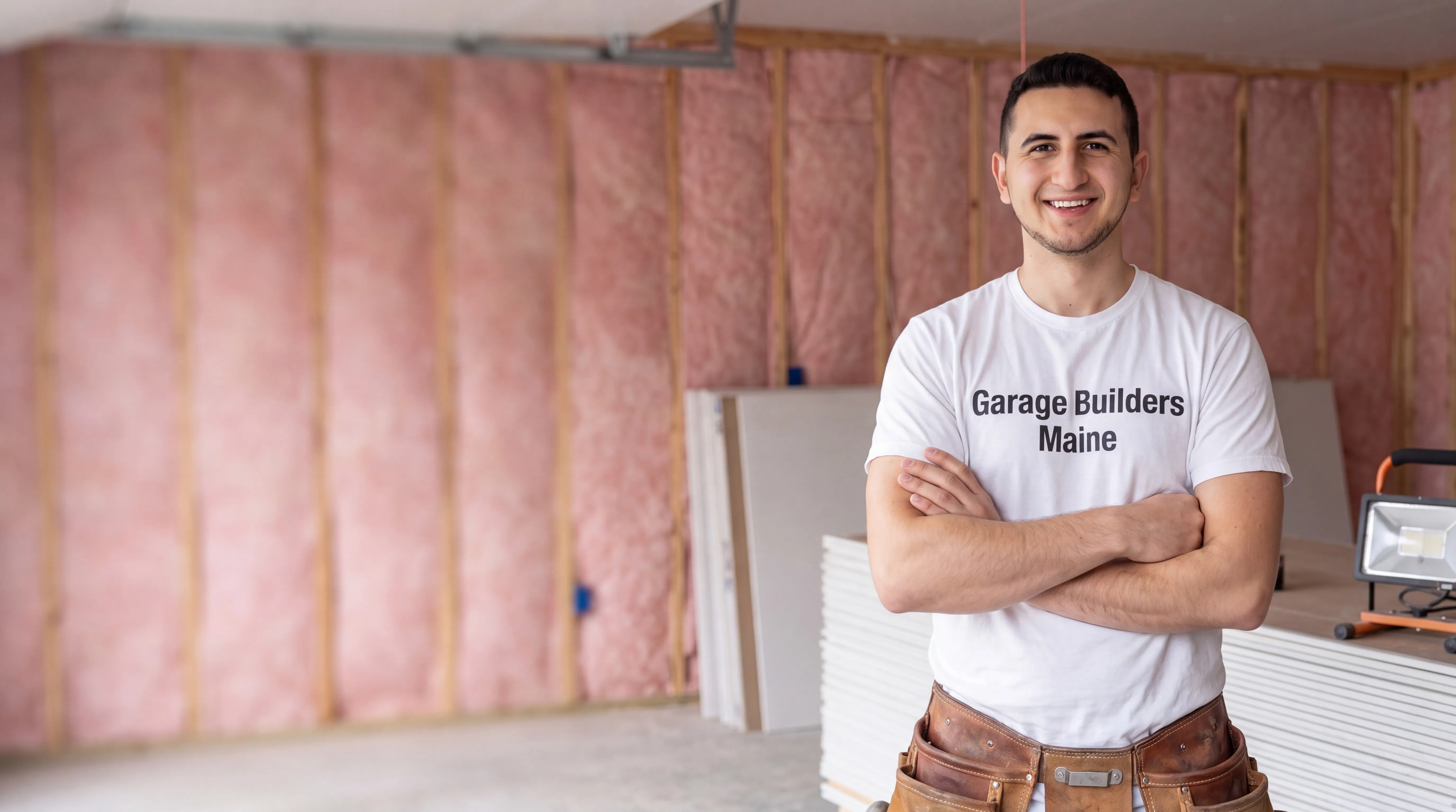 Garage remodeling Farmingdale Maine: owner with arms crossed in front of insulated garage walls and stacked drywall