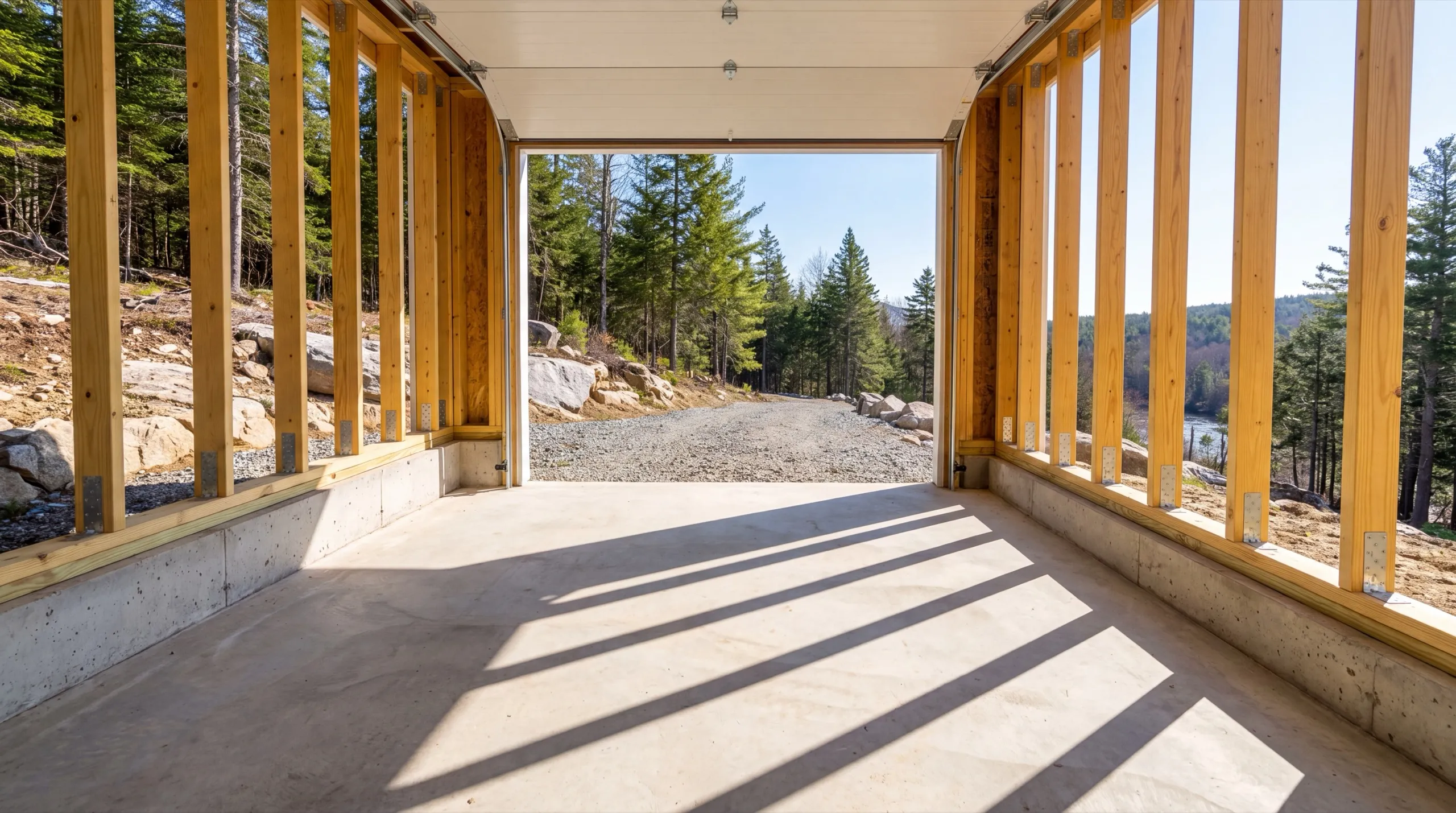 Garage remodeling contractor Farmingdale Maine: new garage stud walls on concrete stem walls over a slab, not yet sheathed