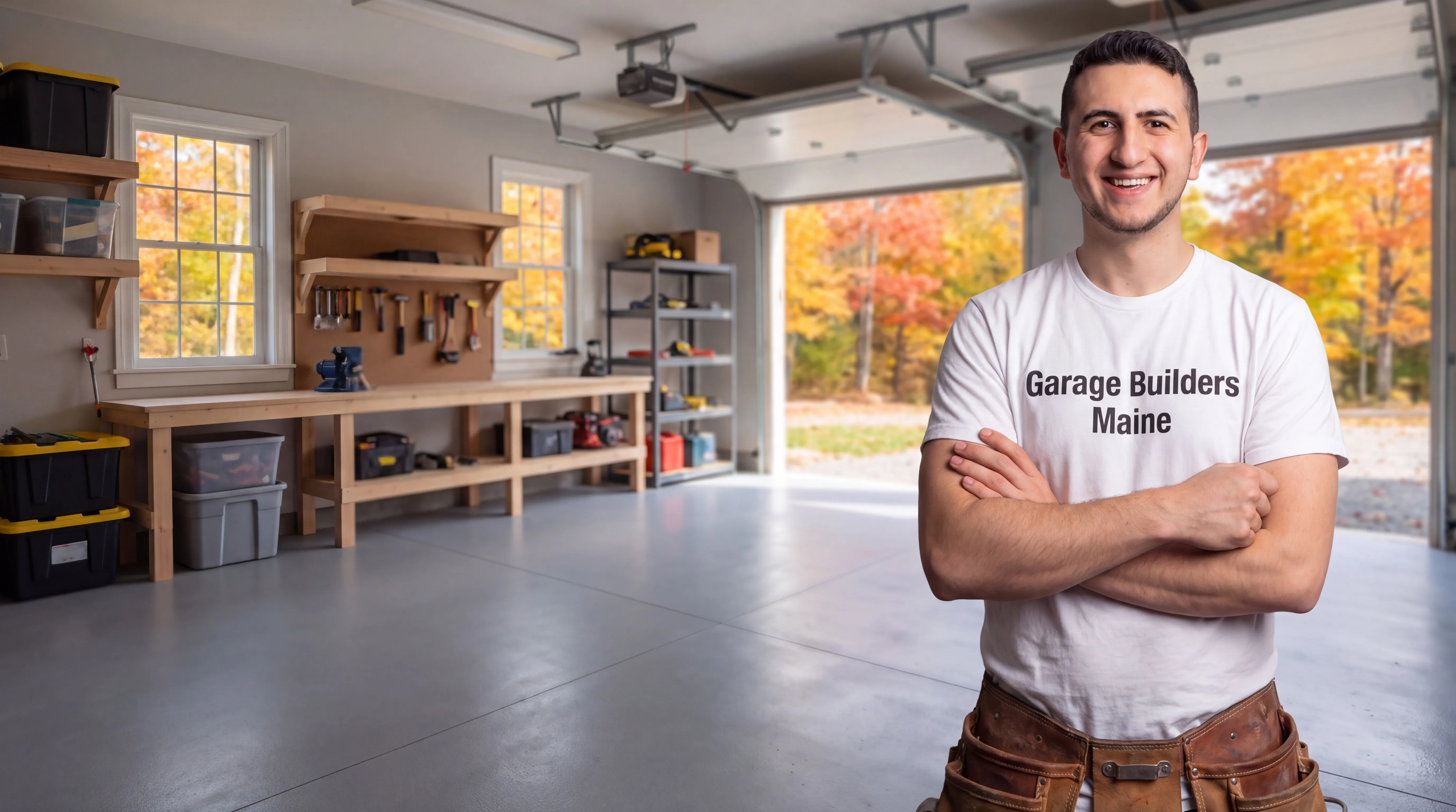 Garage remodeling Gardiner Maine: owner with arms crossed in a finished garage workshop with a coated floor