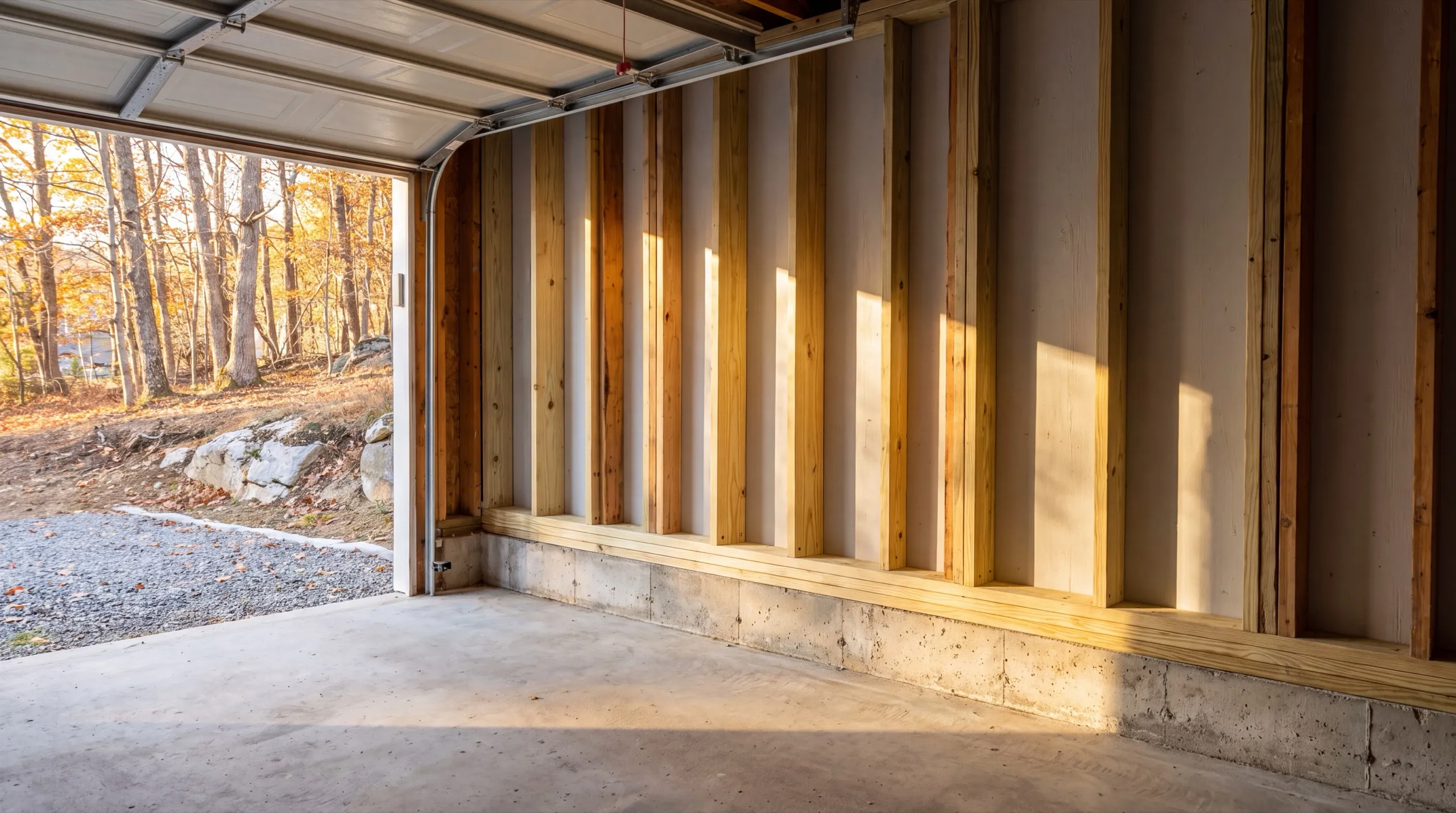 Garage remodeling contractor Gardiner Maine: new pressure-treated sill and studs on a concrete garage foundation wall