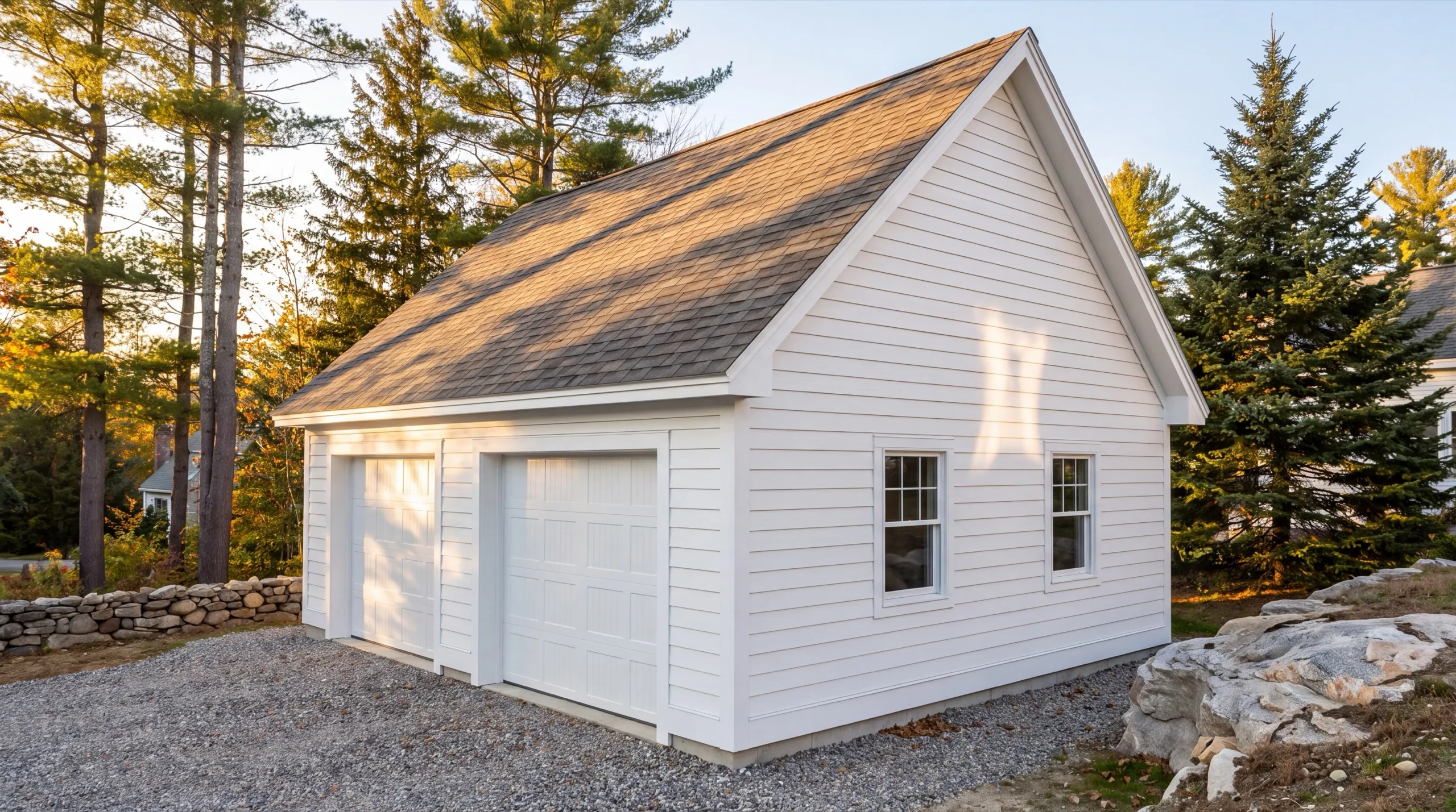 Garage remodeling contractor Hallowell Maine: finished white two-bay garage with lap siding on a gravel drive