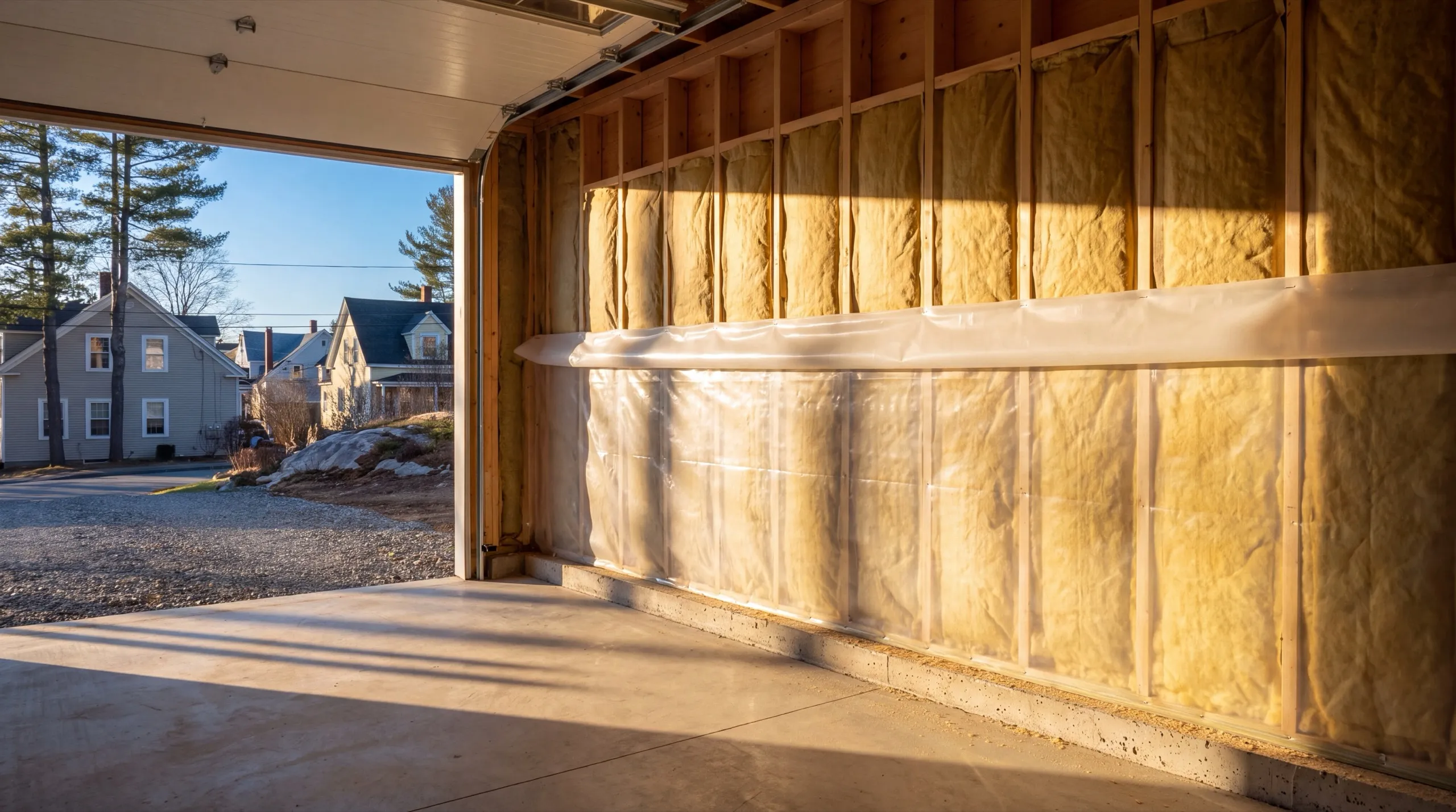 Garage renovation contractor Hallowell Maine: batt insulation and plastic sheeting going onto garage stud walls, door open