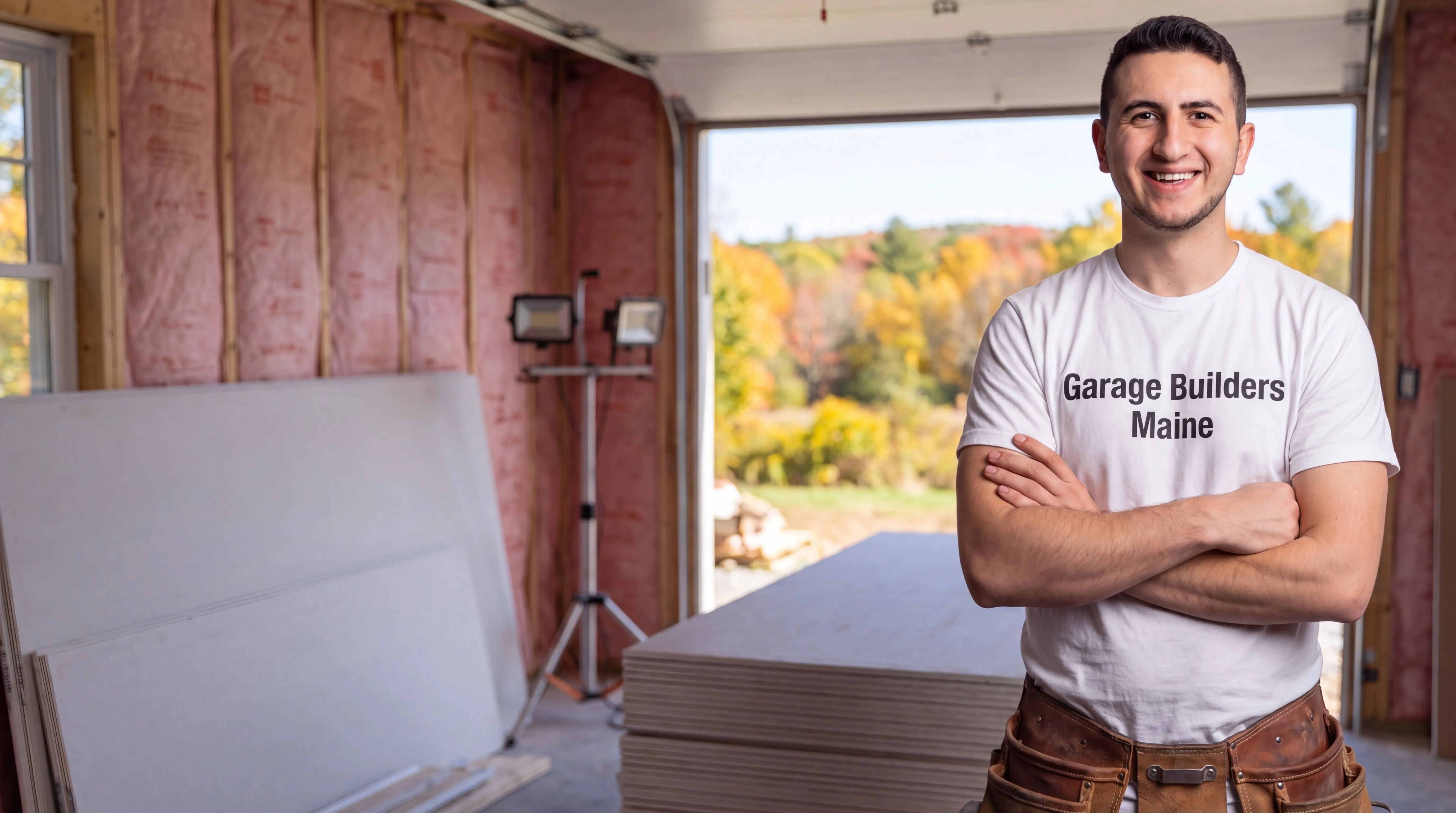Garage remodeling Hallowell Maine: owner with arms crossed in front of insulated garage walls and stacked drywall