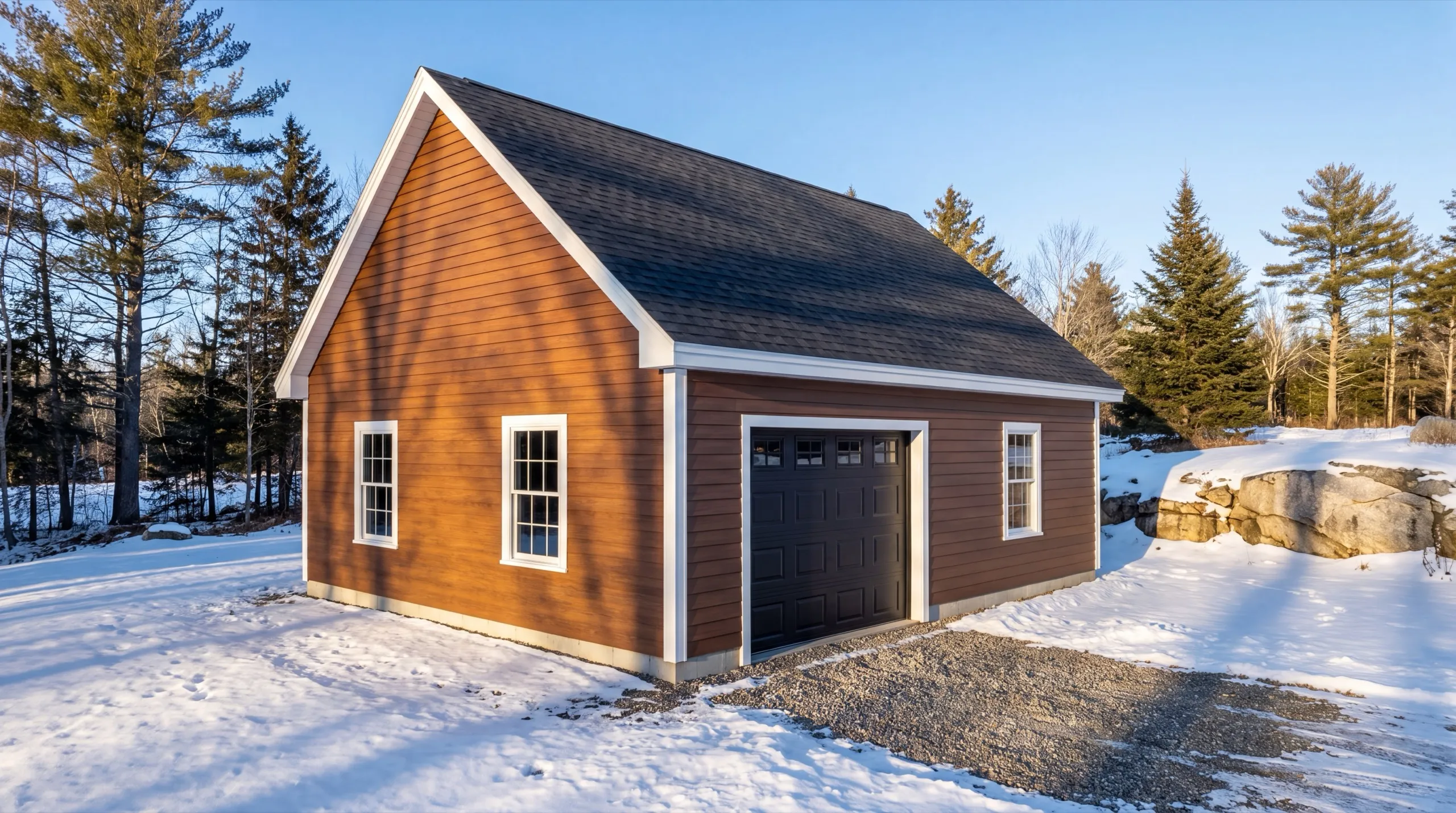 Garage remodeling Hallowell Maine: brown single-bay garage with a dark overhead door on a snowy lot