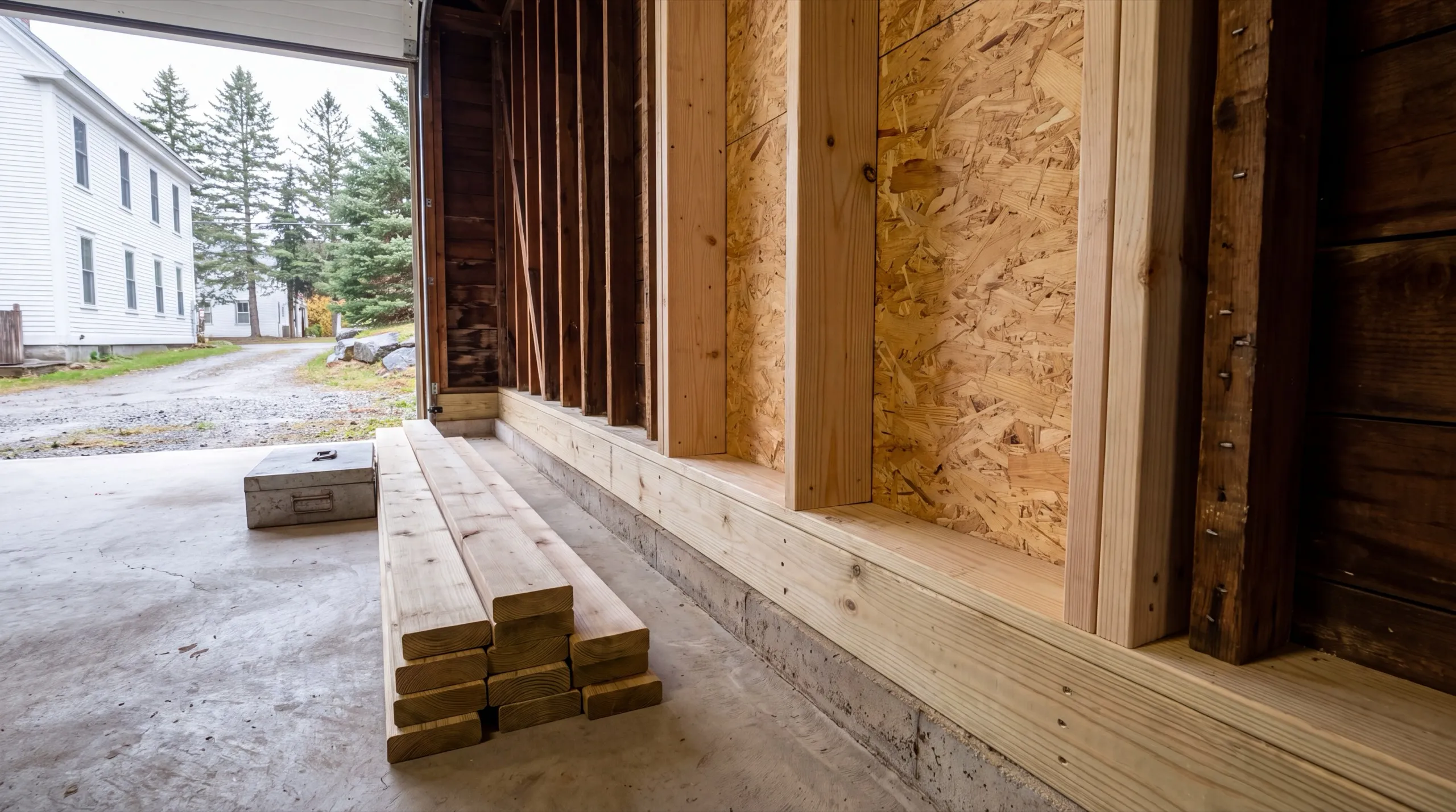 Garage remodeling contractor Hallowell Maine: new studs and sill plate in an old garage wall, fresh lumber stacked inside
