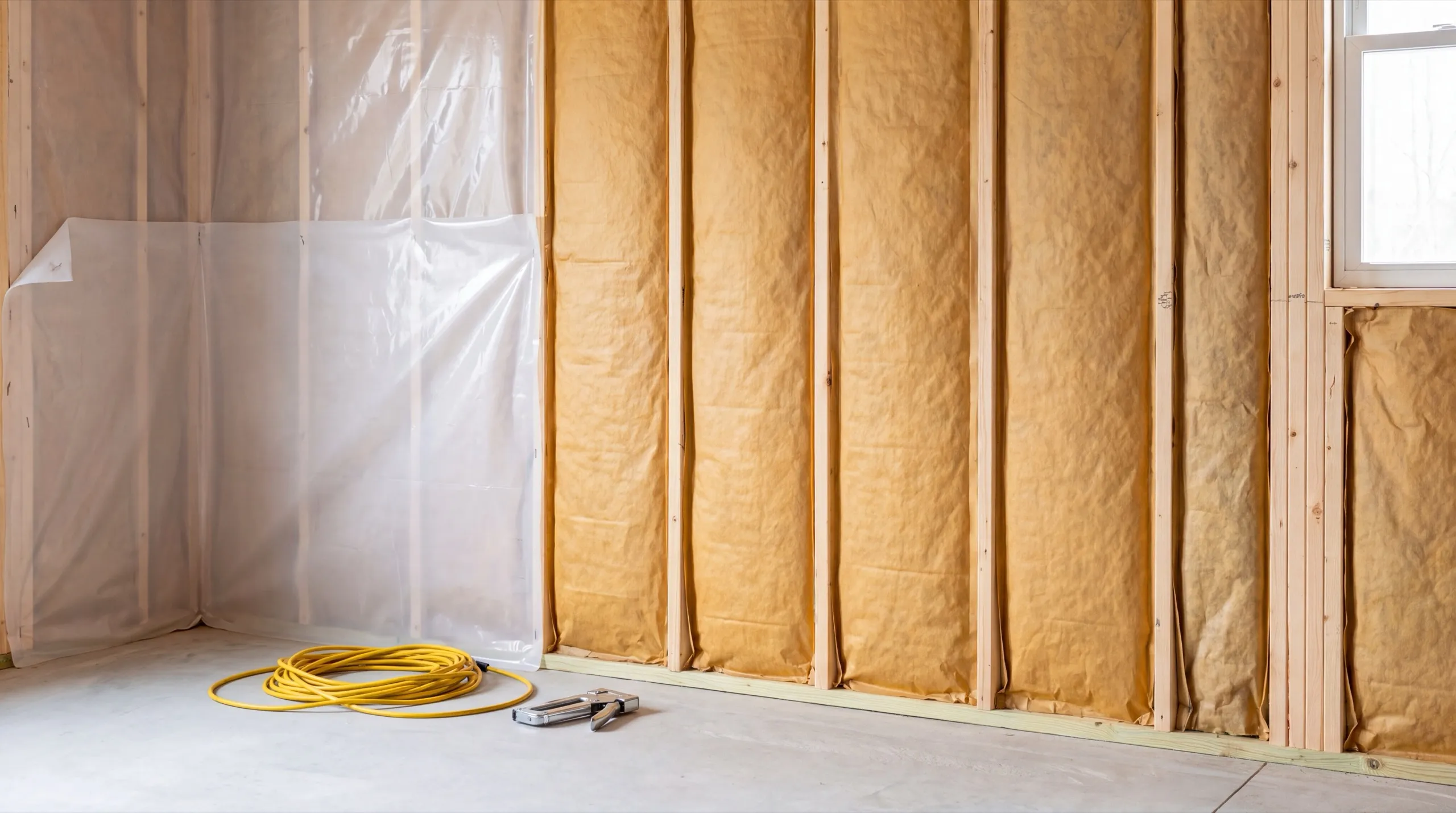 Garage remodeling contractor Central Maine: stud walls filled with faced insulation batts beside plastic sheeting