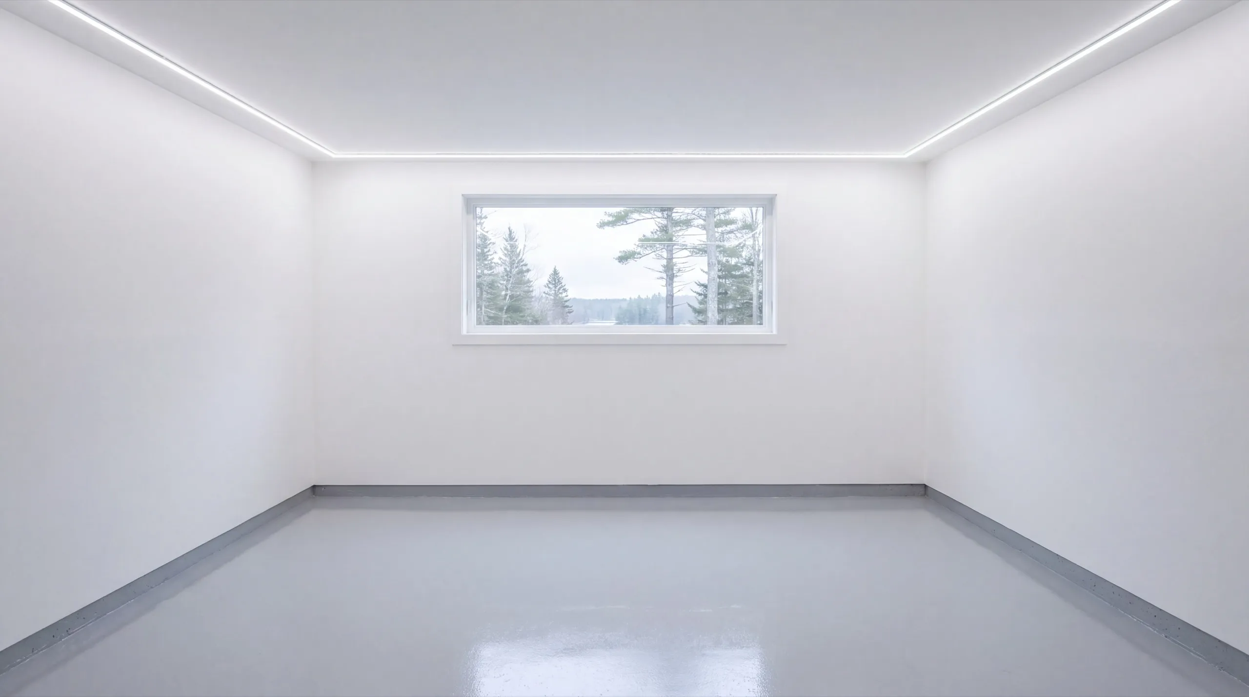 Garage remodeling in Jefferson, ME: finished white garage room with a coated gray floor and one window