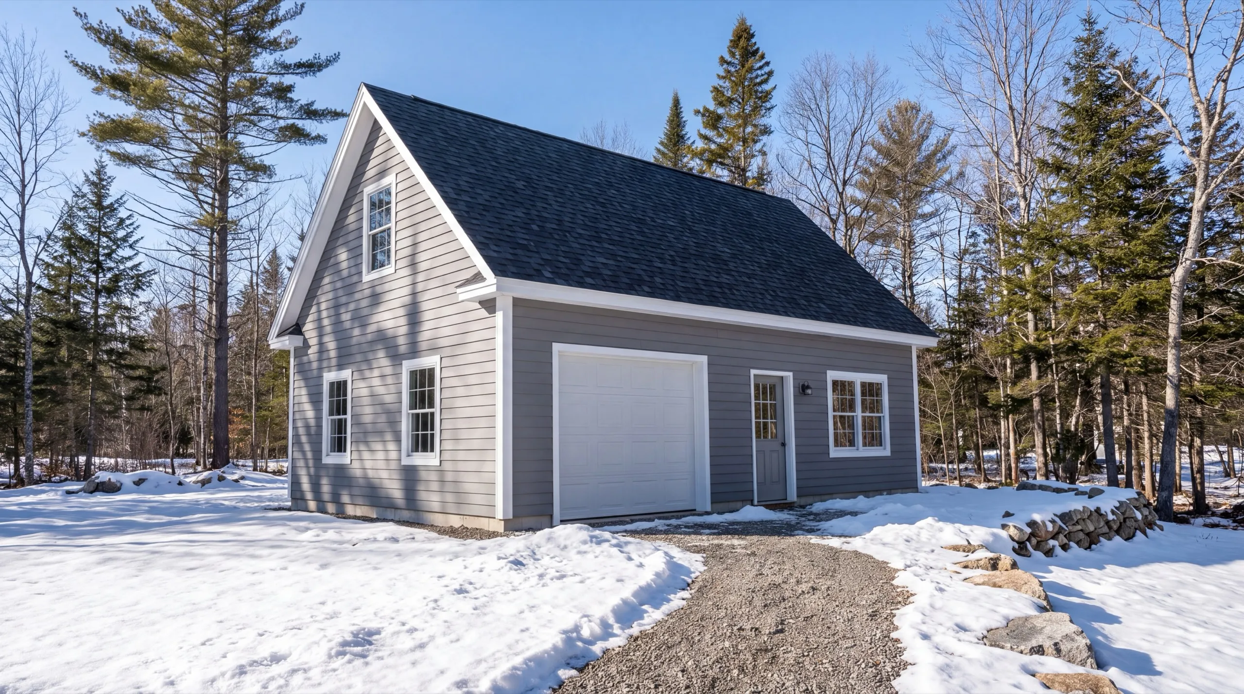 Garage remodeling contractor Jefferson Maine: gray garage with a white overhead door and side entry door in the snow