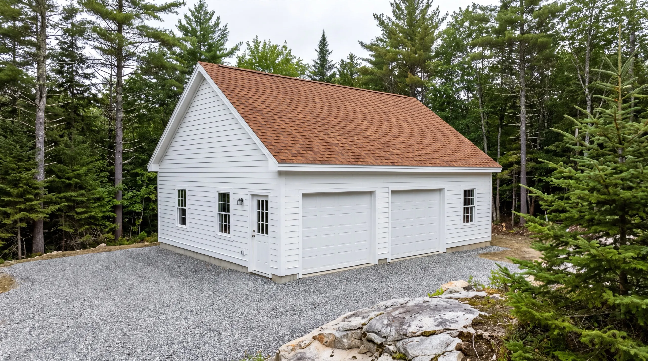 Garage remodeling Jefferson Maine: finished white two-bay garage with a brown roof on a gravel drive