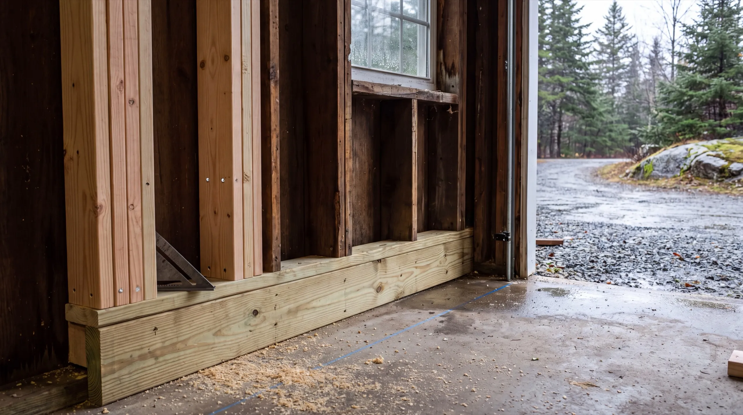 Garage remodeling contractor Jefferson Maine: new pressure-treated sill and sistered studs along an old garage wall