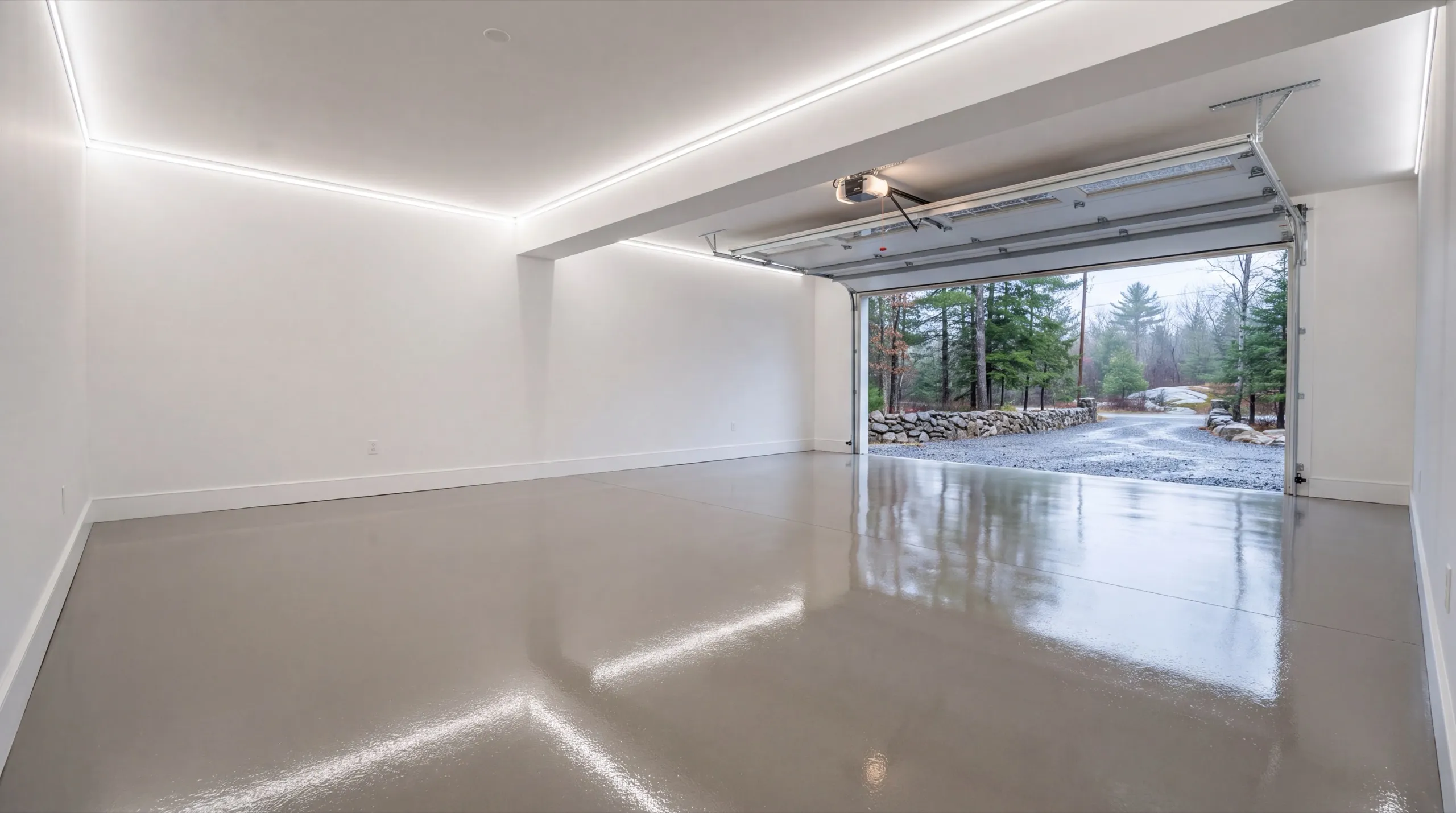 Garage remodeling in Litchfield, ME: finished garage interior with white walls, glossy coated floor and the door open