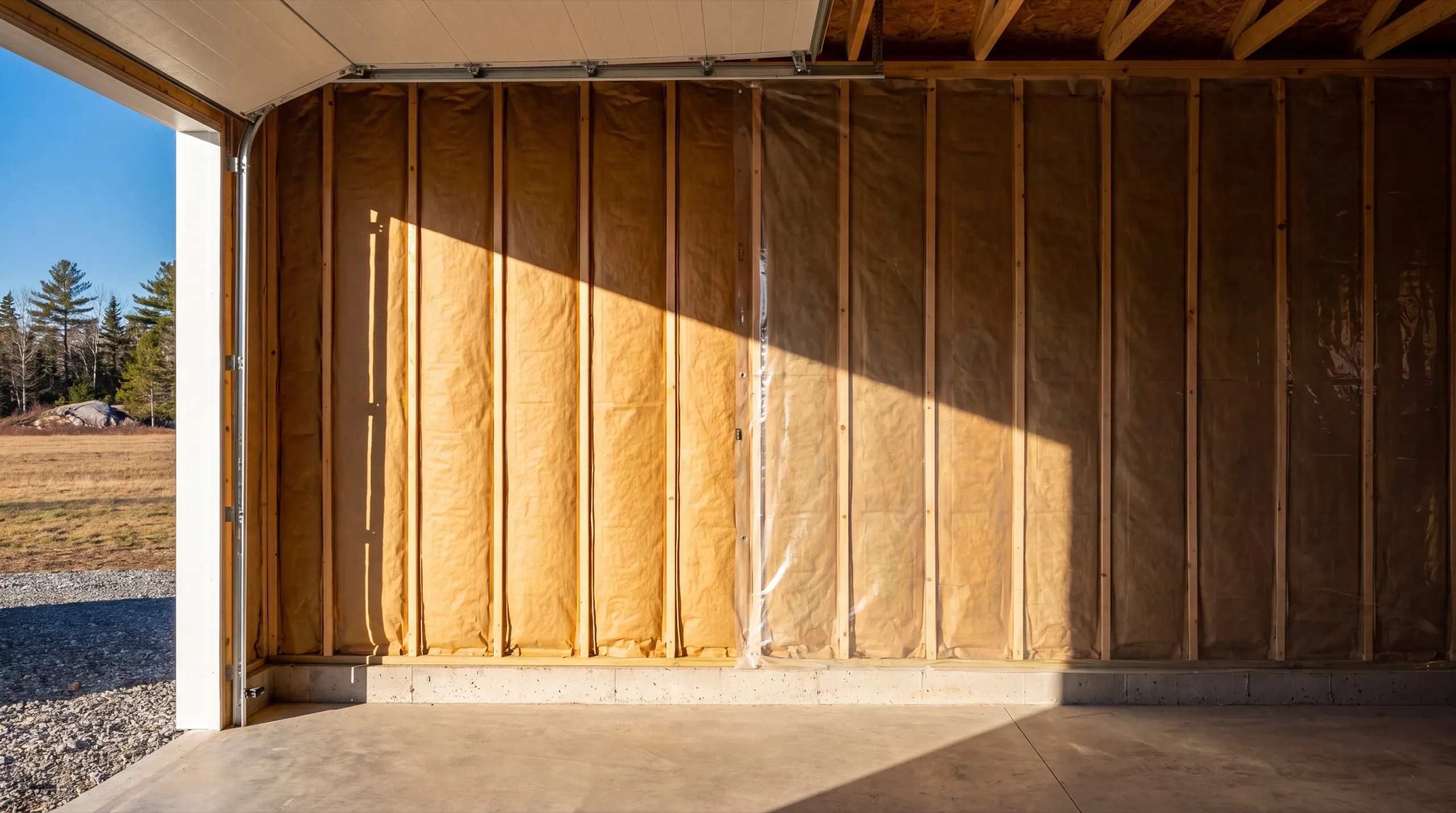Garage renovation contractor Litchfield Maine: faced batt insulation in garage stud walls with the overhead door open
