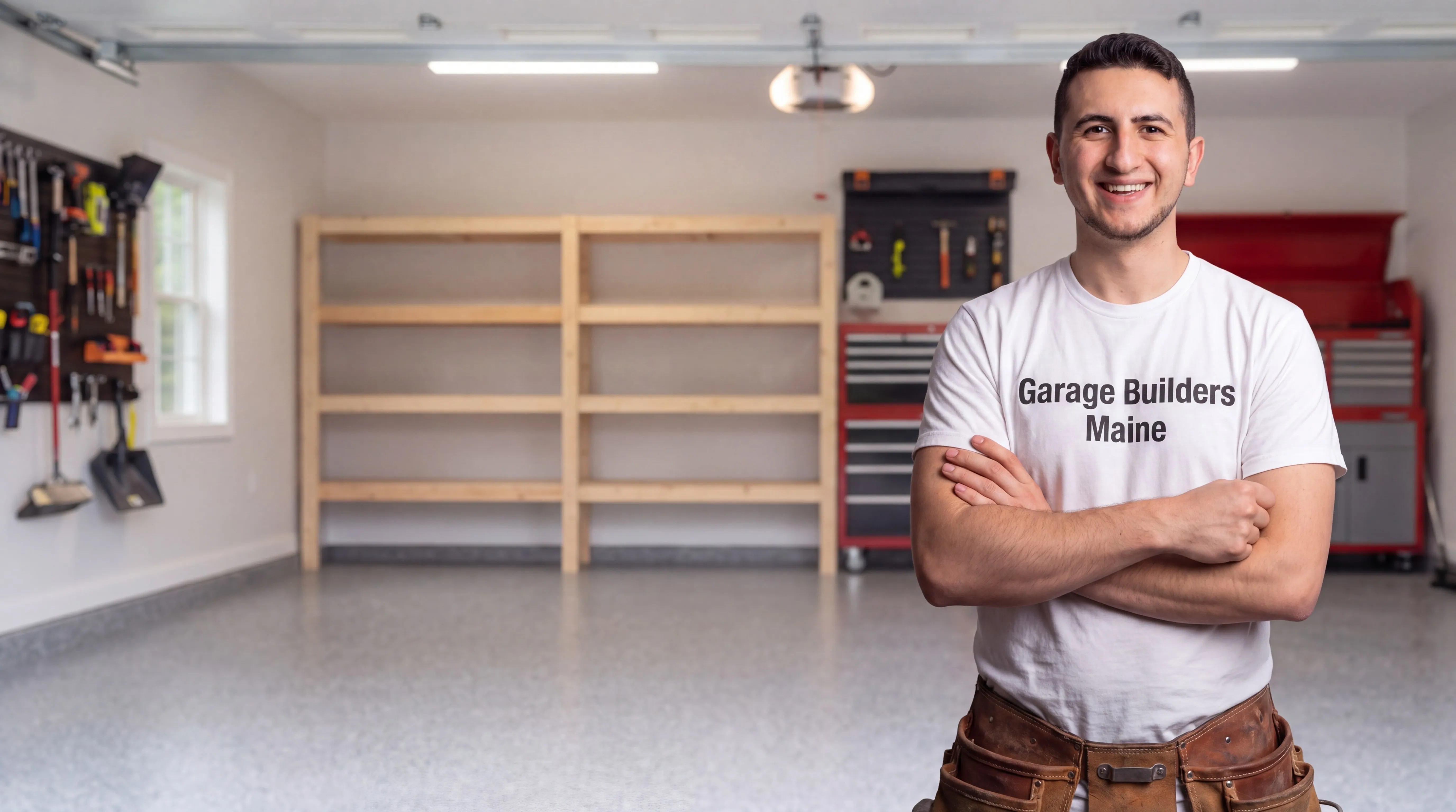 Garage remodeling Litchfield Maine: owner with arms crossed in a finished garage with shelving and tool chests