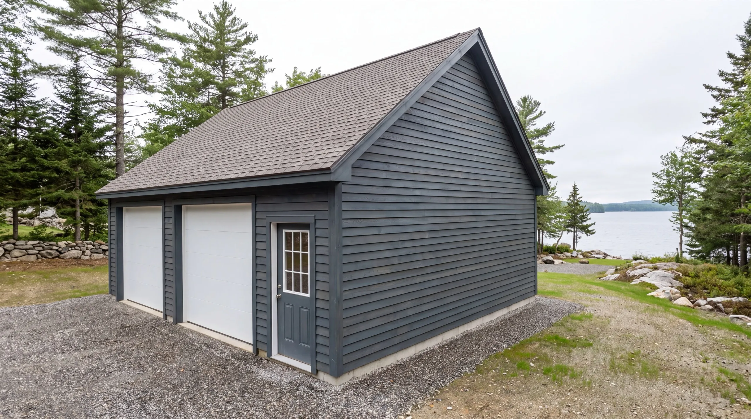 Garage remodeling contractor Manchester Maine: dark gray two-bay garage with white doors and a side door near a lake
