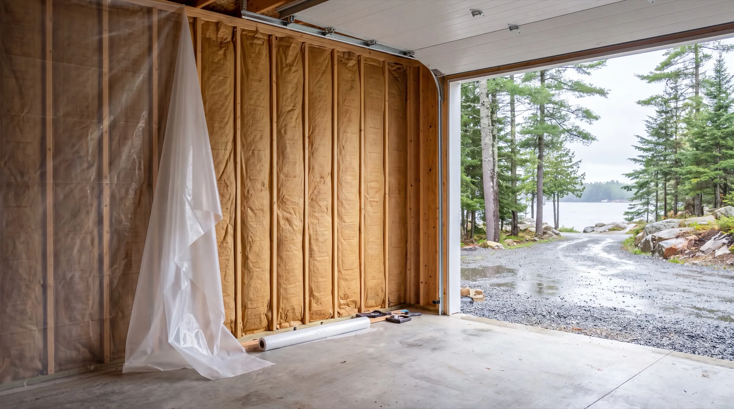 Garage renovation contractor Manchester Maine: faced batt insulation in garage stud walls with plastic sheeting ready to hang