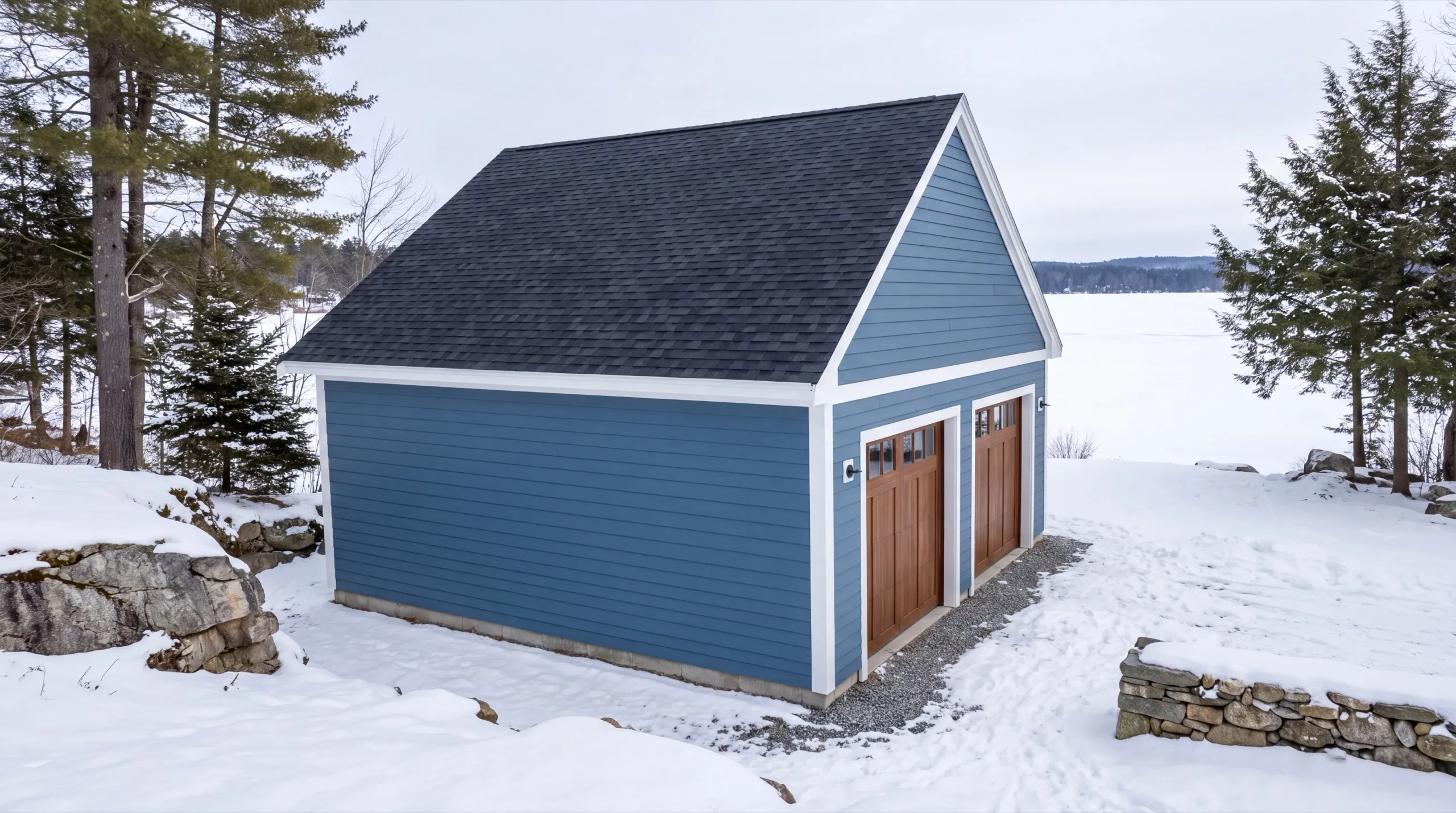 Garage remodeling Manchester Maine: blue two-bay garage with wood carriage doors on a snowy lot by a lake