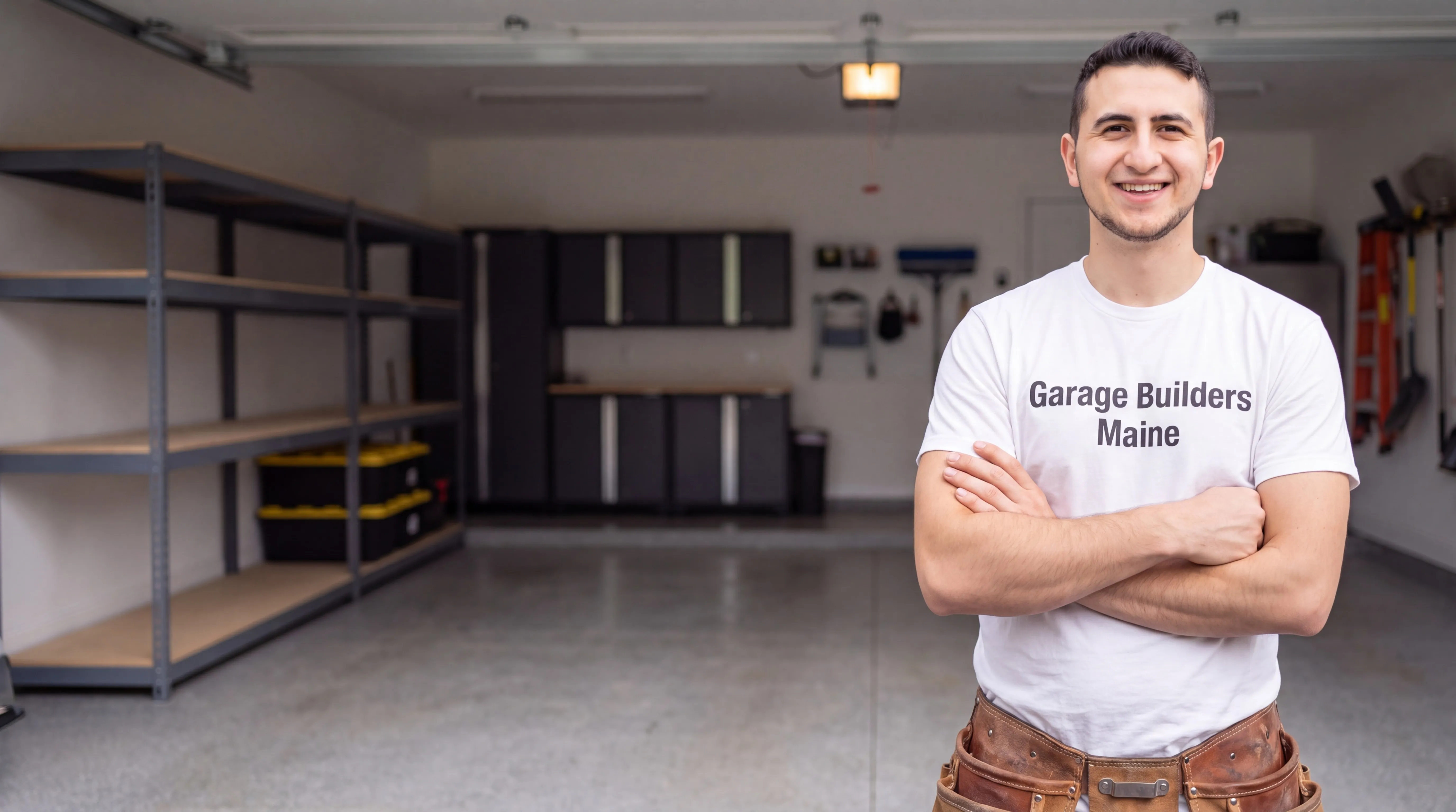 Garage remodeling Manchester Maine: owner with arms crossed in a finished garage with metal shelving and cabinets