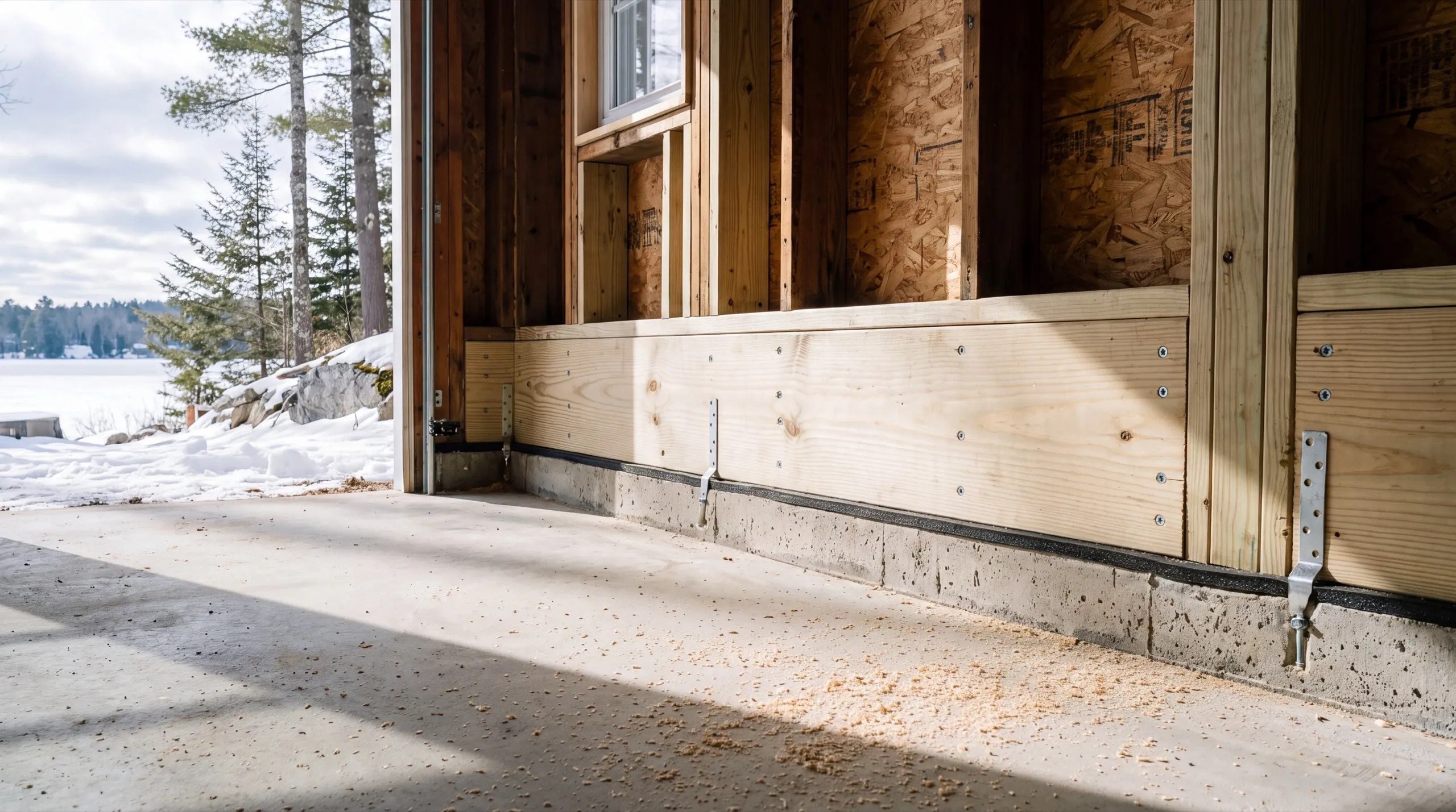 Garage remodeling contractor Manchester Maine: new sill boards and anchor straps along a concrete garage foundation wall