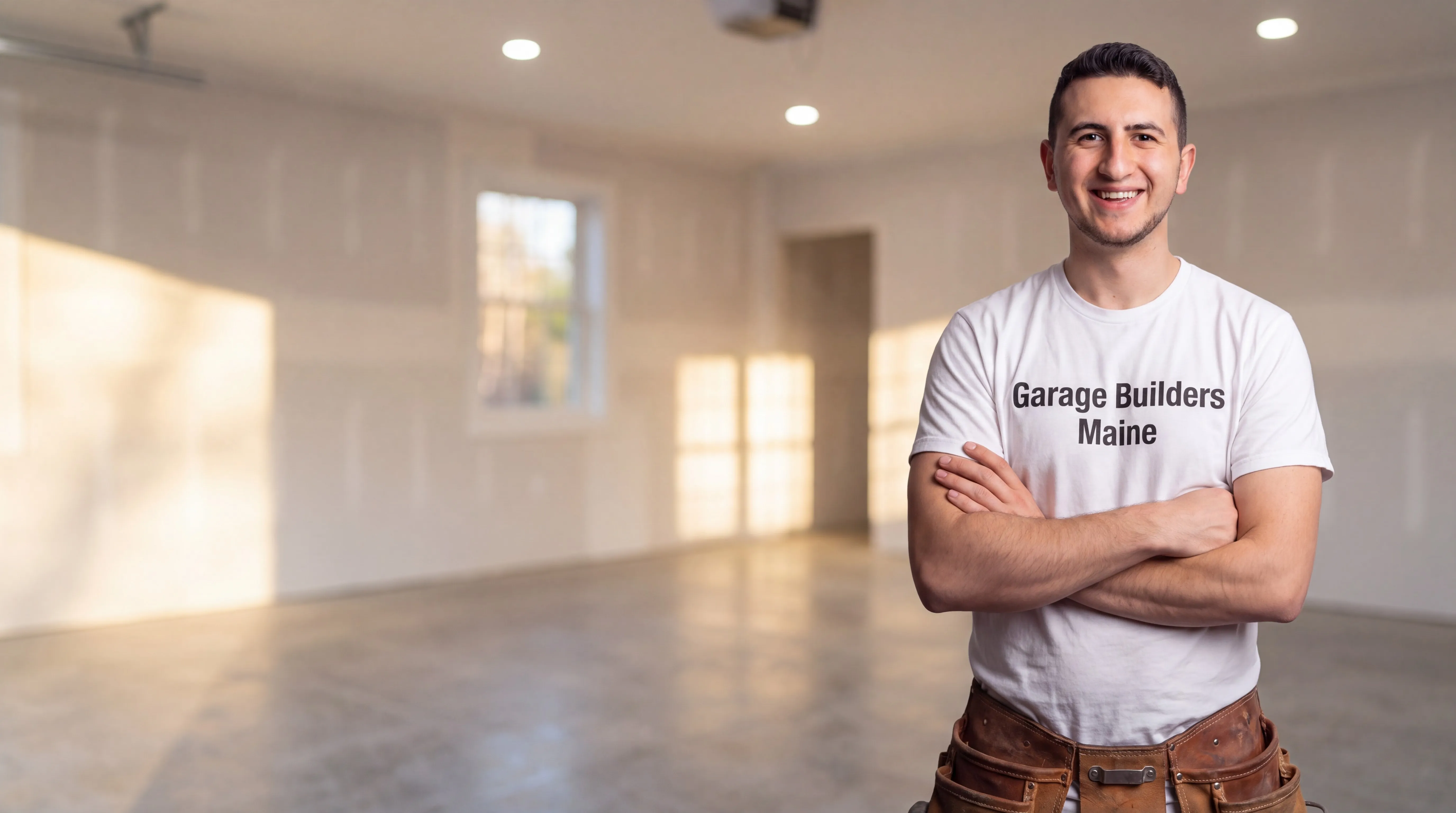 Garage remodeling Monmouth Maine: owner with arms crossed in a garage with new taped drywall and concrete floor