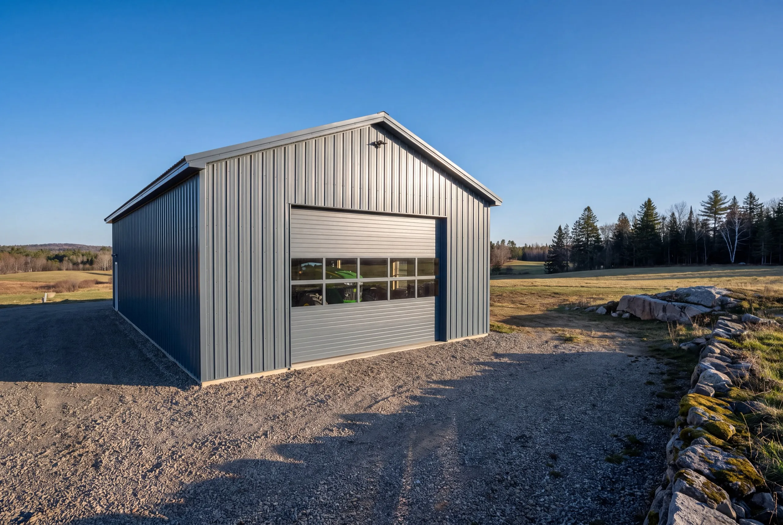 Garage remodeling contractor Monmouth Maine: gray steel pole barn with a wide windowed overhead door on a gravel drive