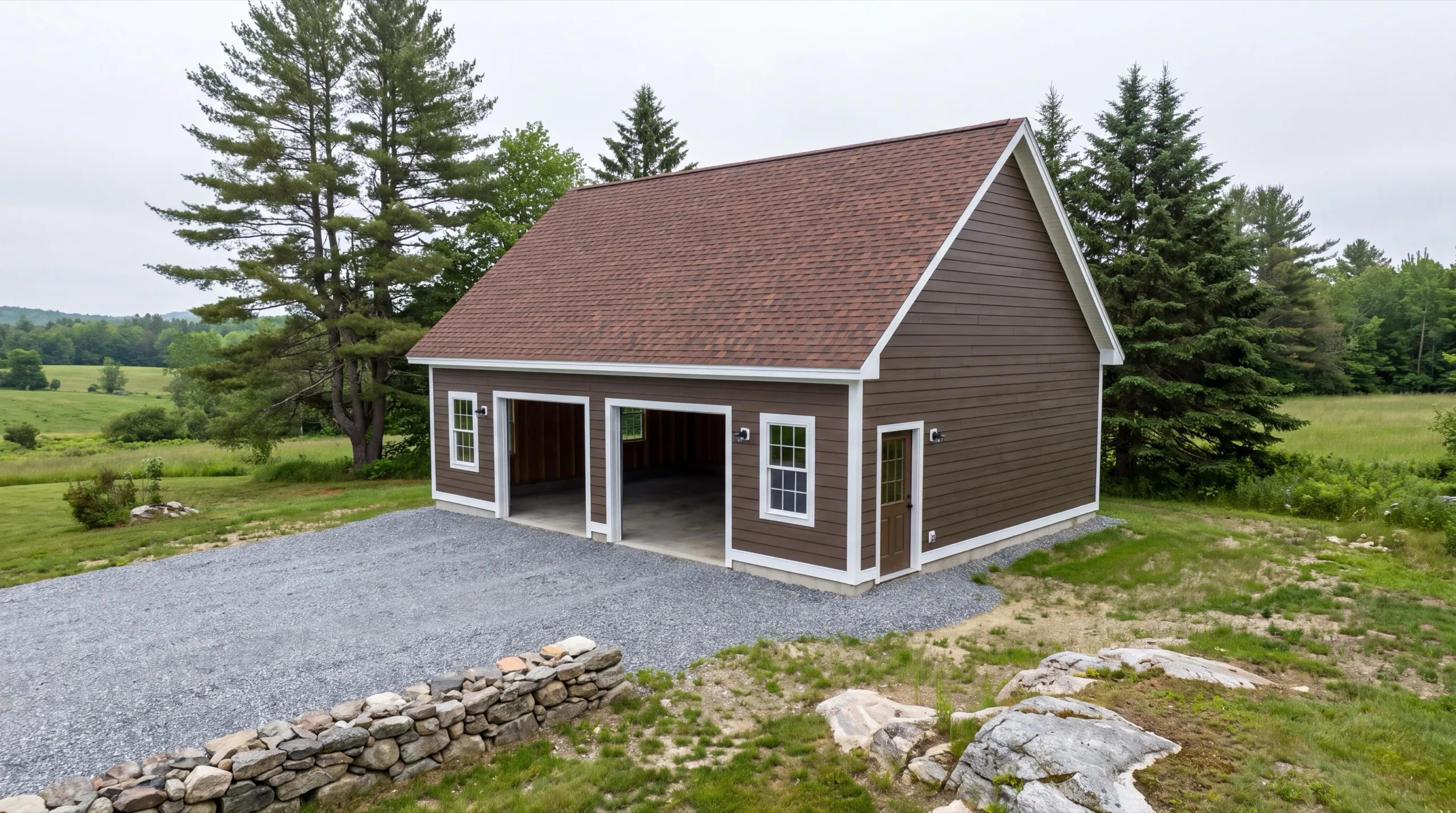 Garage remodeling Monmouth Maine: brown two-bay garage with open bays, white trim and a side entry door