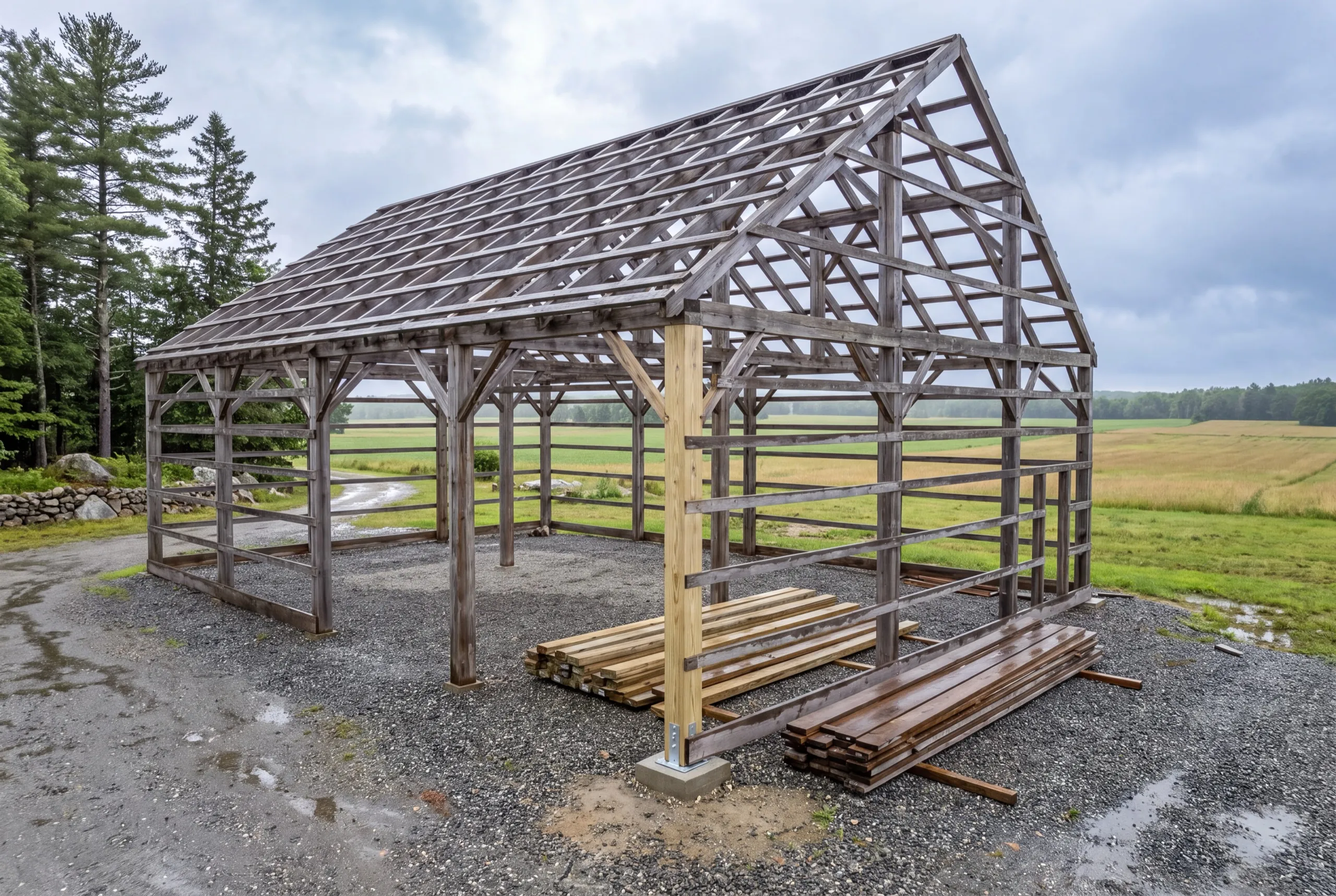 Garage renovation contractor Monmouth Maine: old timber barn frame with a new post on a concrete pier, lumber stacked
