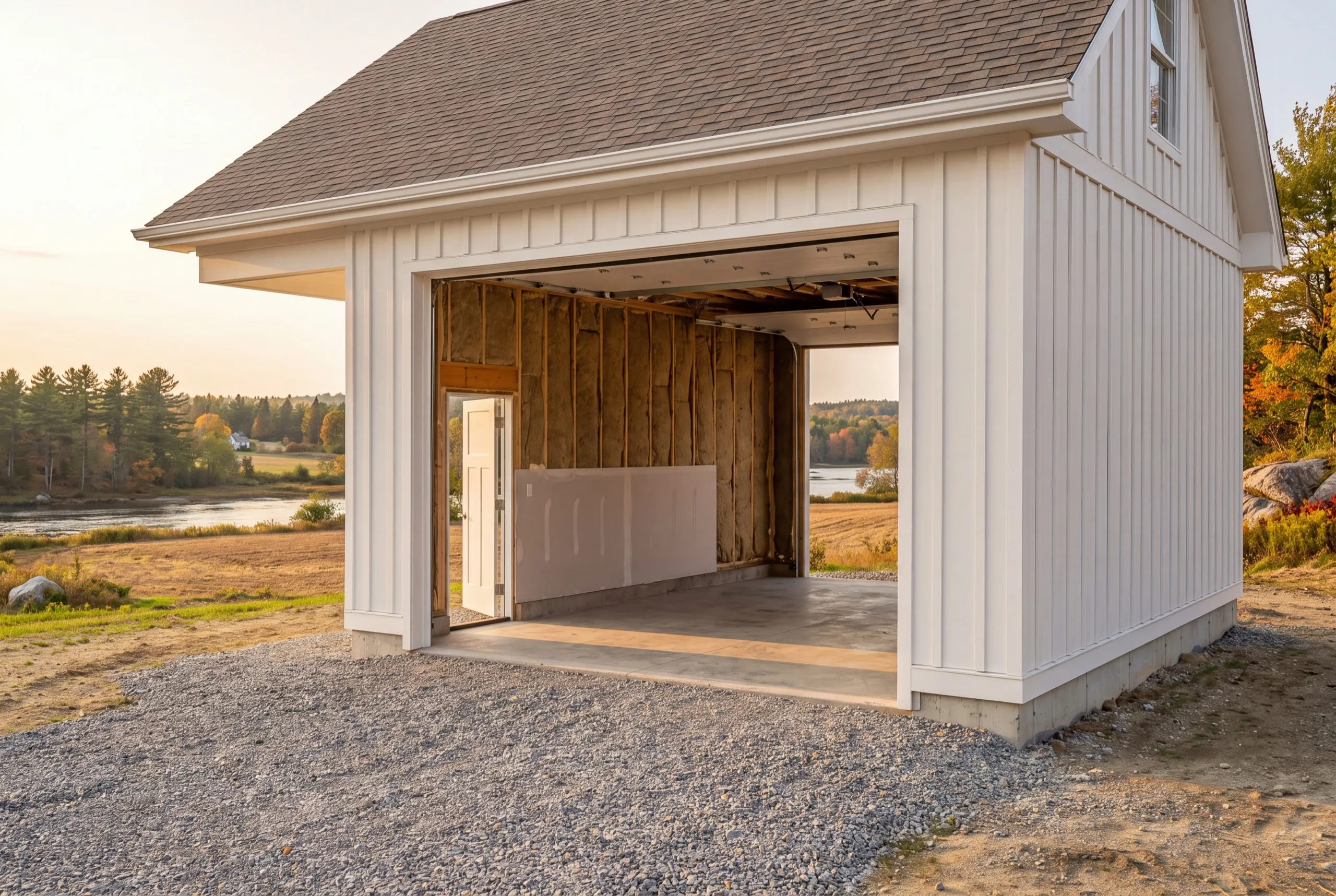 Garage renovation contractor Pittston Maine: white board and batten garage open to batt insulation and the first drywall inside