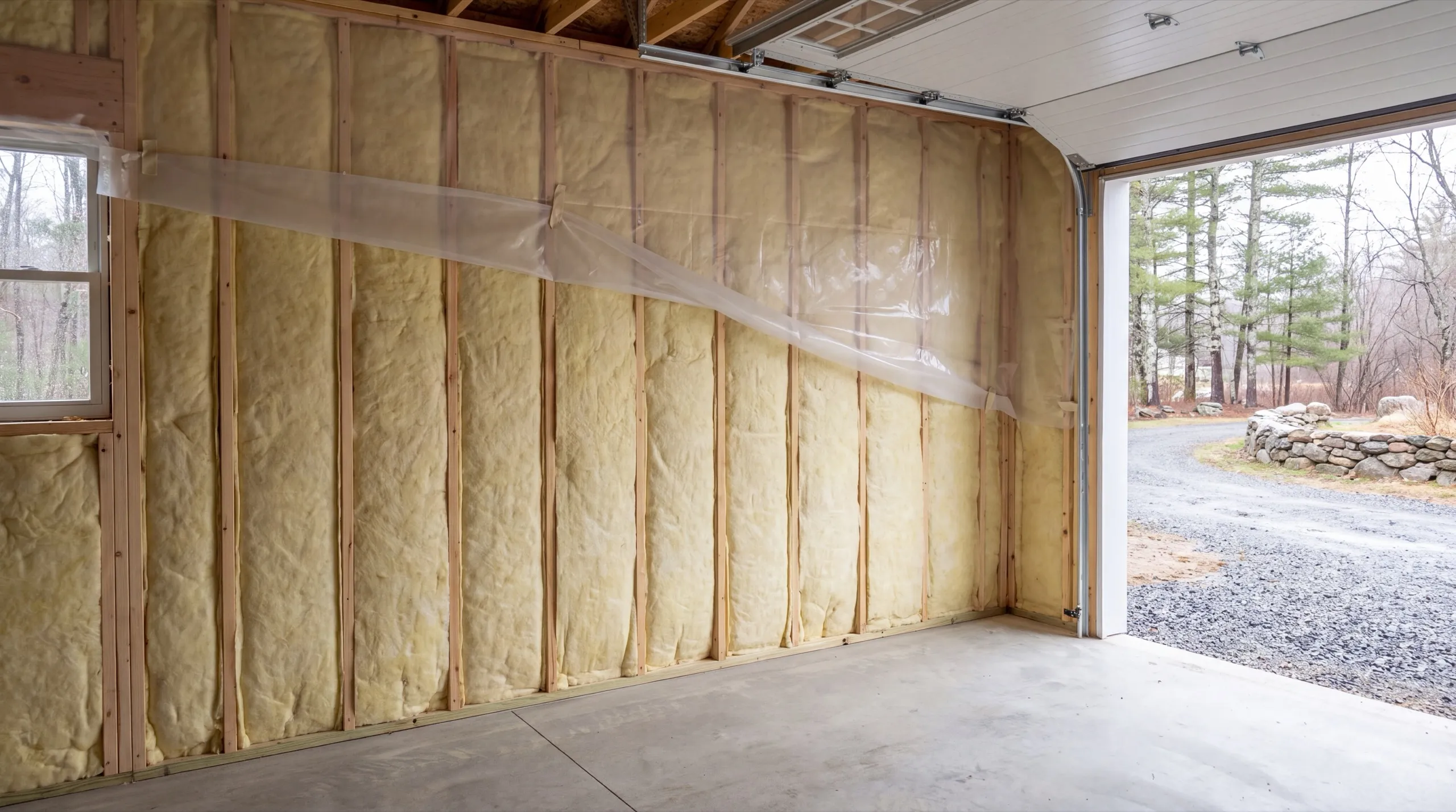Garage renovation contractor Pittston Maine: batt insulation in garage stud walls with plastic sheeting partly hung