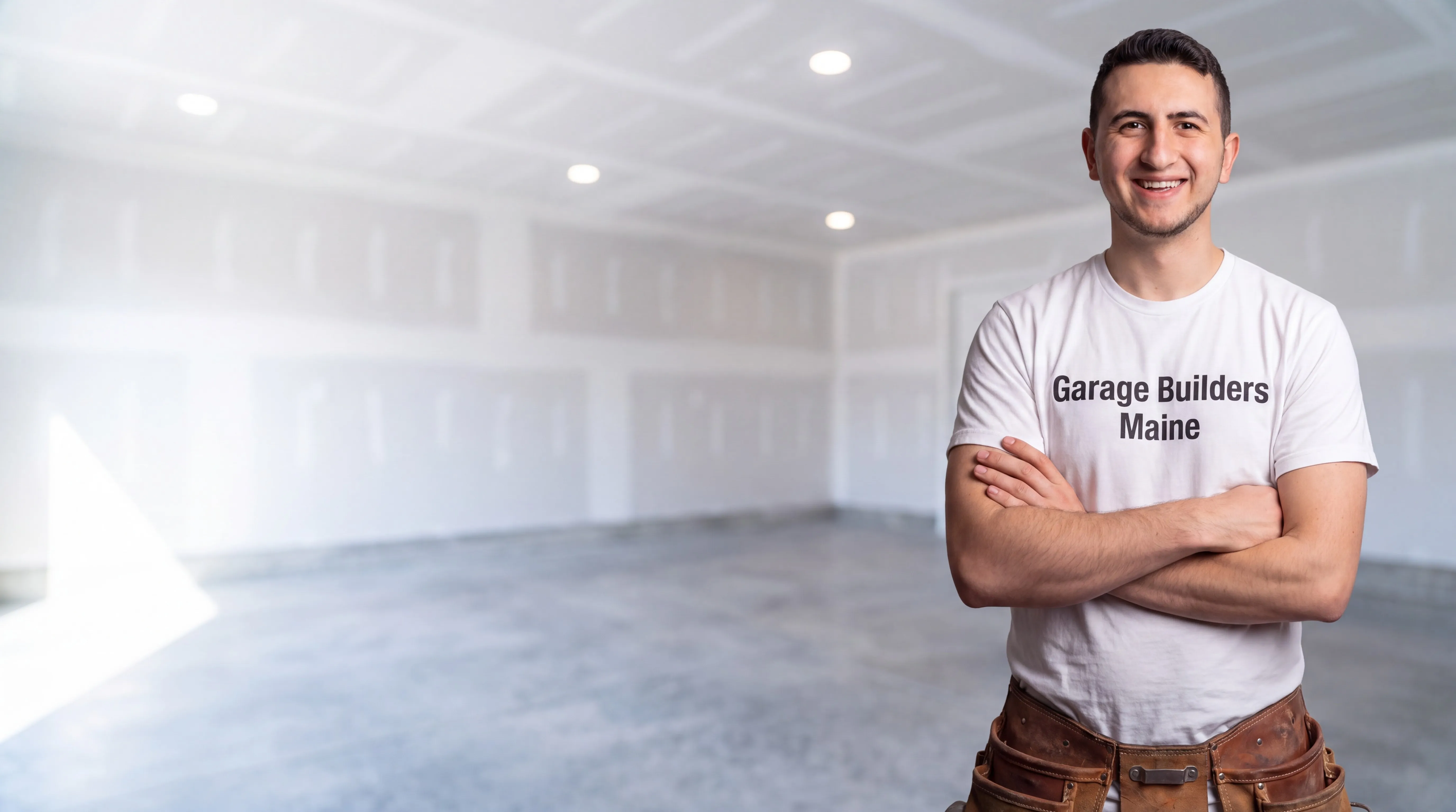 Garage remodeling Pittston Maine: owner with arms crossed in a garage with new taped drywall and concrete floor