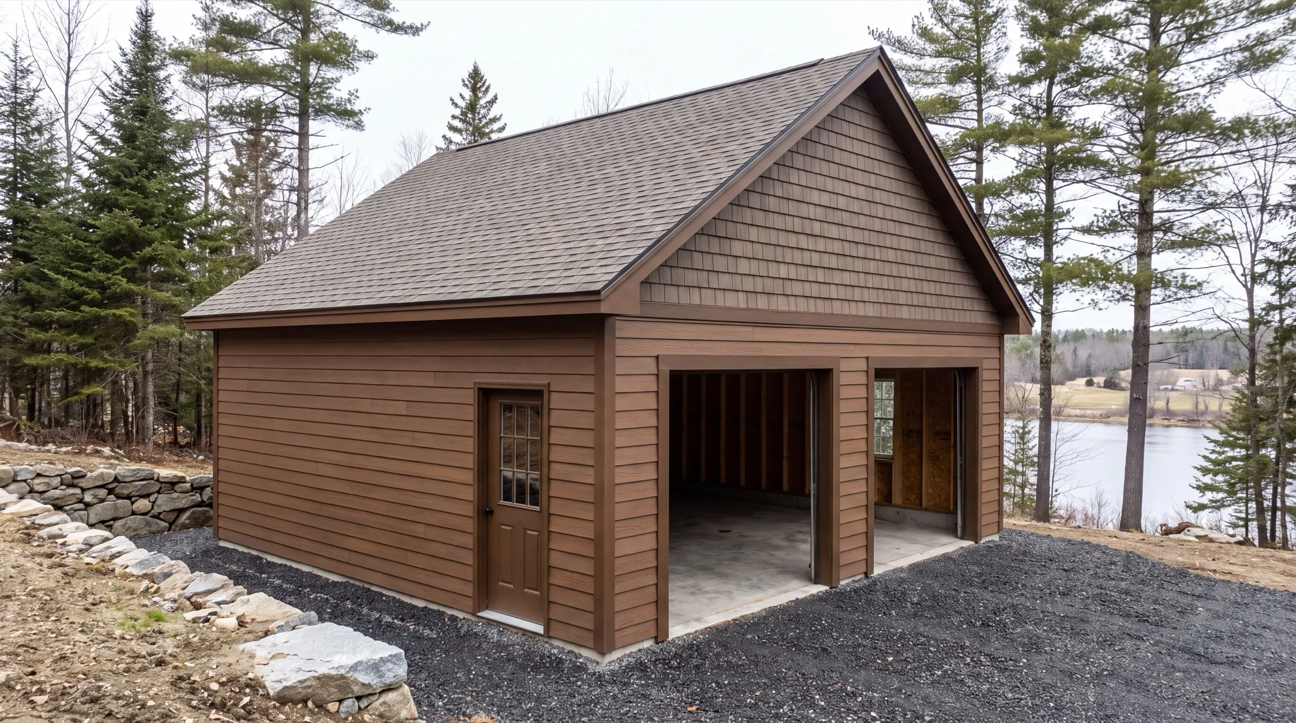 Garage remodeling Pittston Maine: brown two-bay garage with open bays and a side entry door above a river