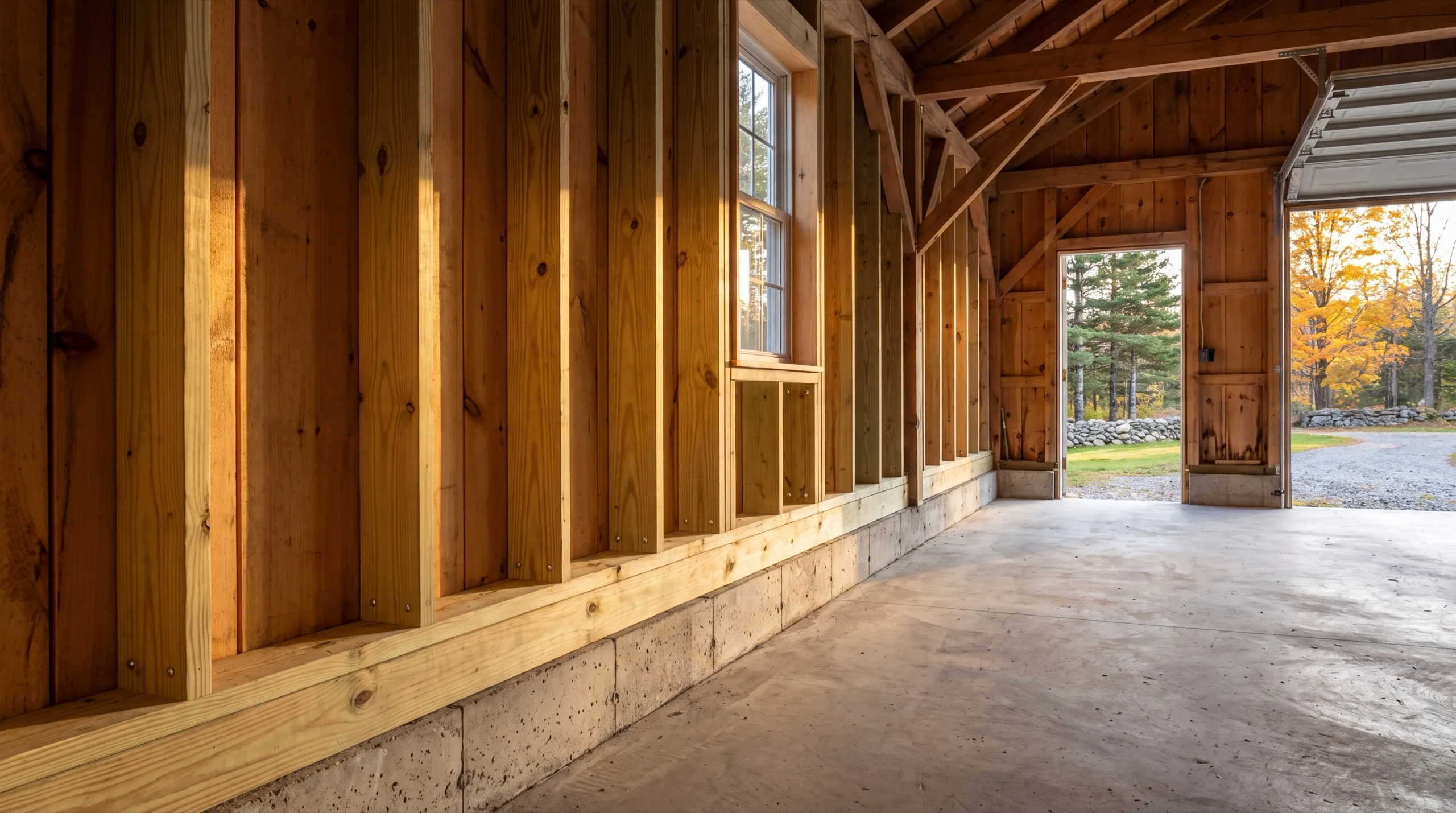 Garage remodeling contractor Pittston Maine: new studs and pressure-treated sill along the foundation of an old garage