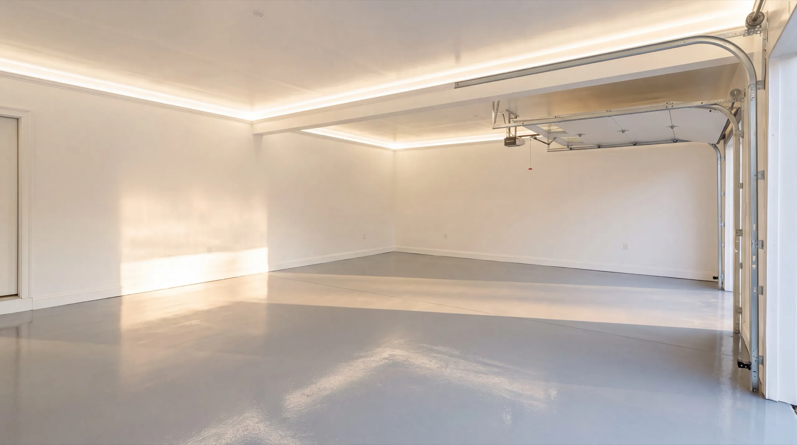 Garage remodeling in Randolph, ME: finished garage interior with white walls, coated gray floor and the door open