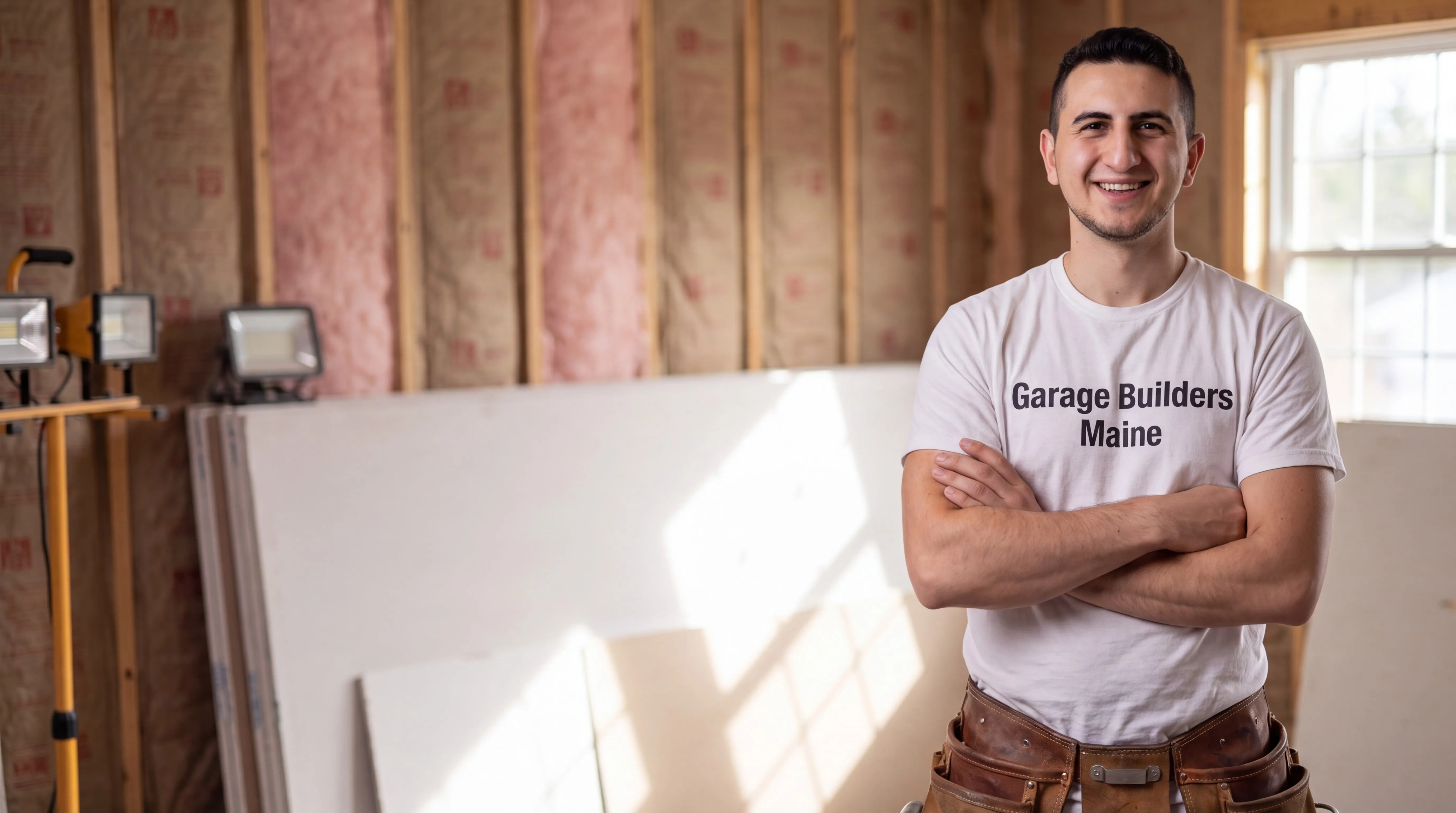 Garage remodeling Randolph Maine: owner with arms crossed in front of insulated garage walls and stacked drywall