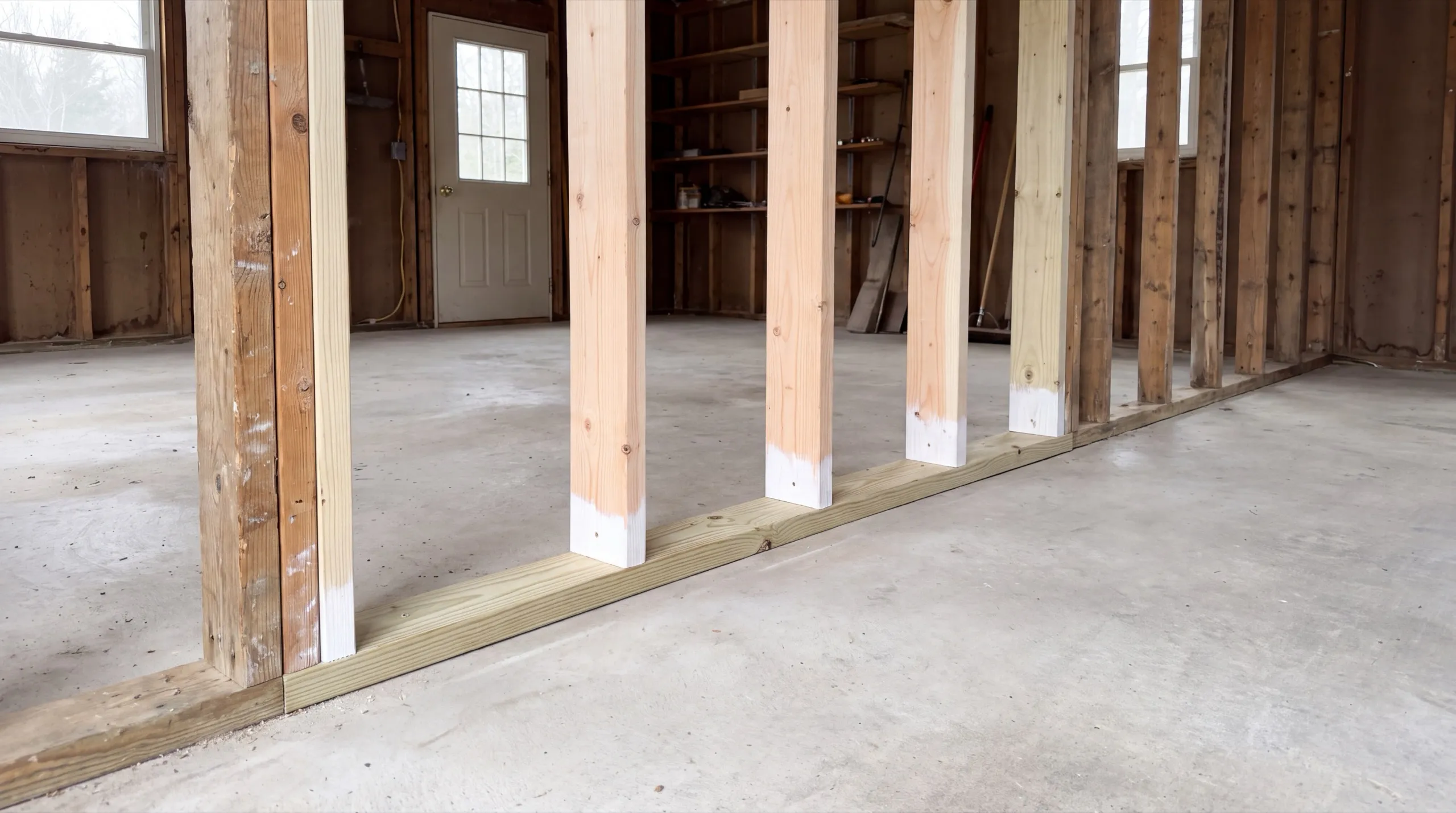 Garage remodeling Randolph Maine: new studs on a pressure-treated plate along the slab inside an old garage