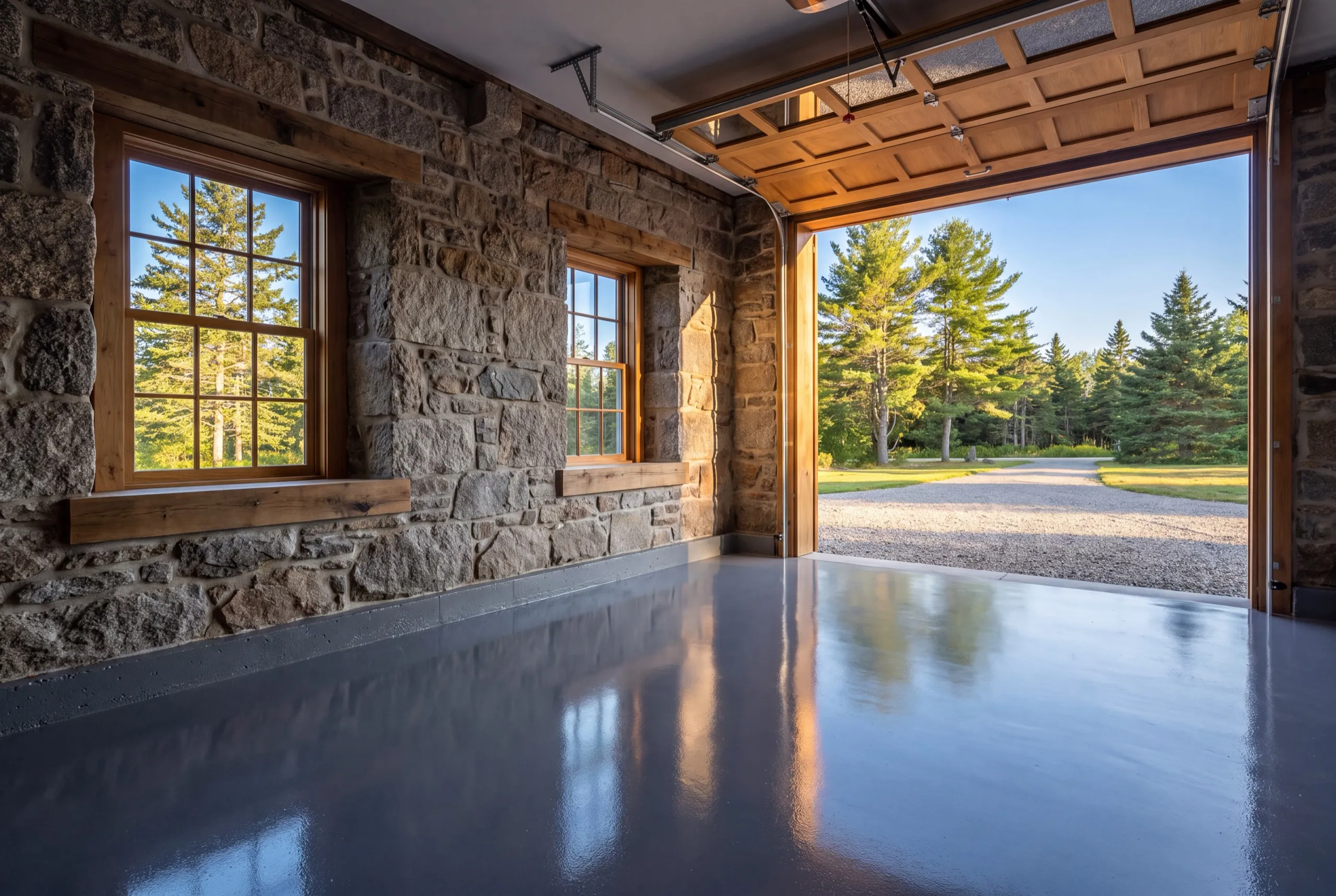 Garage remodeling Richmond Maine: stone-walled garage with a glossy coated floor and the overhead door open