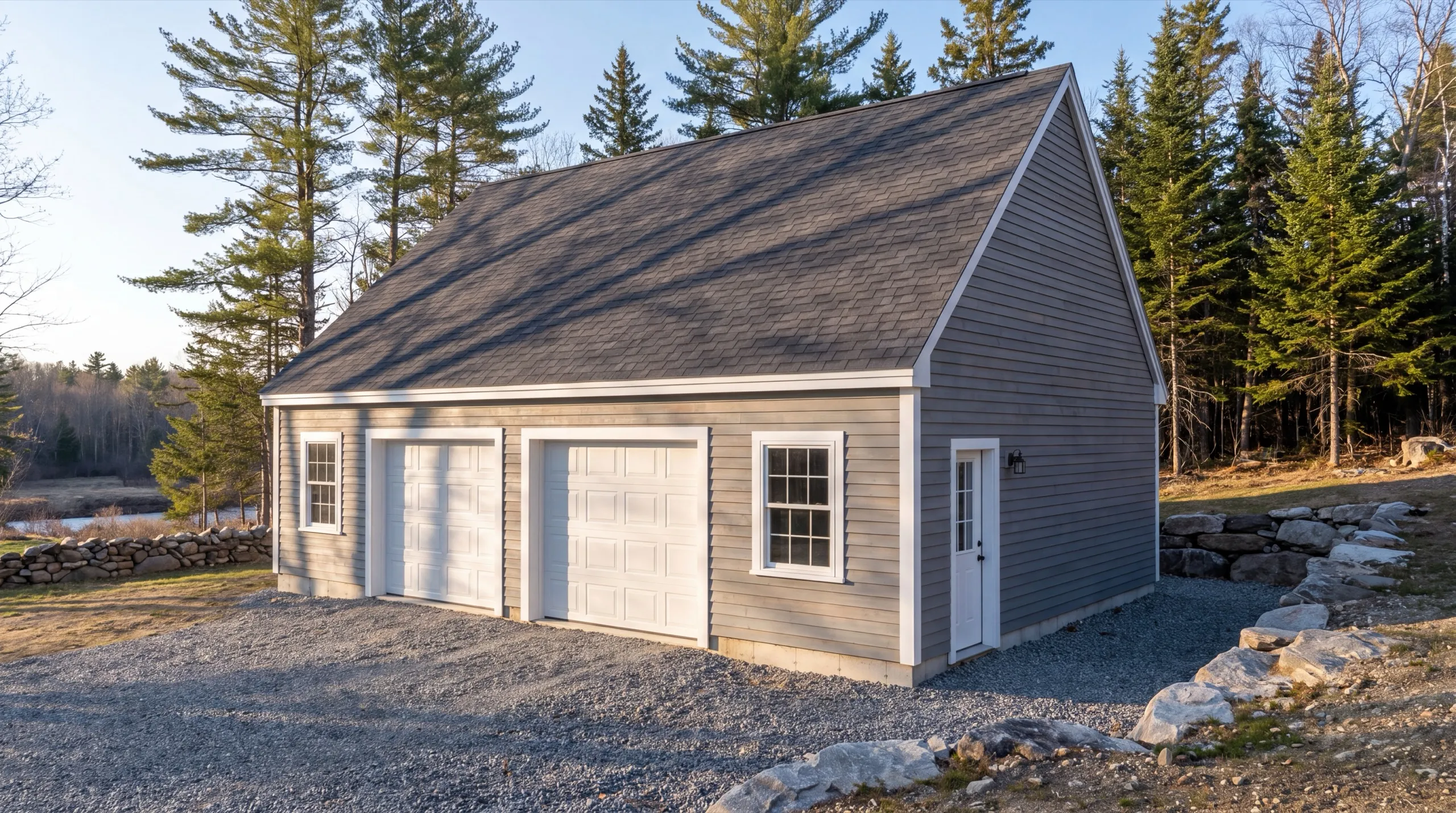Garage remodeling contractor Richmond Maine: gray two-bay garage with white doors and a side entry door on gravel