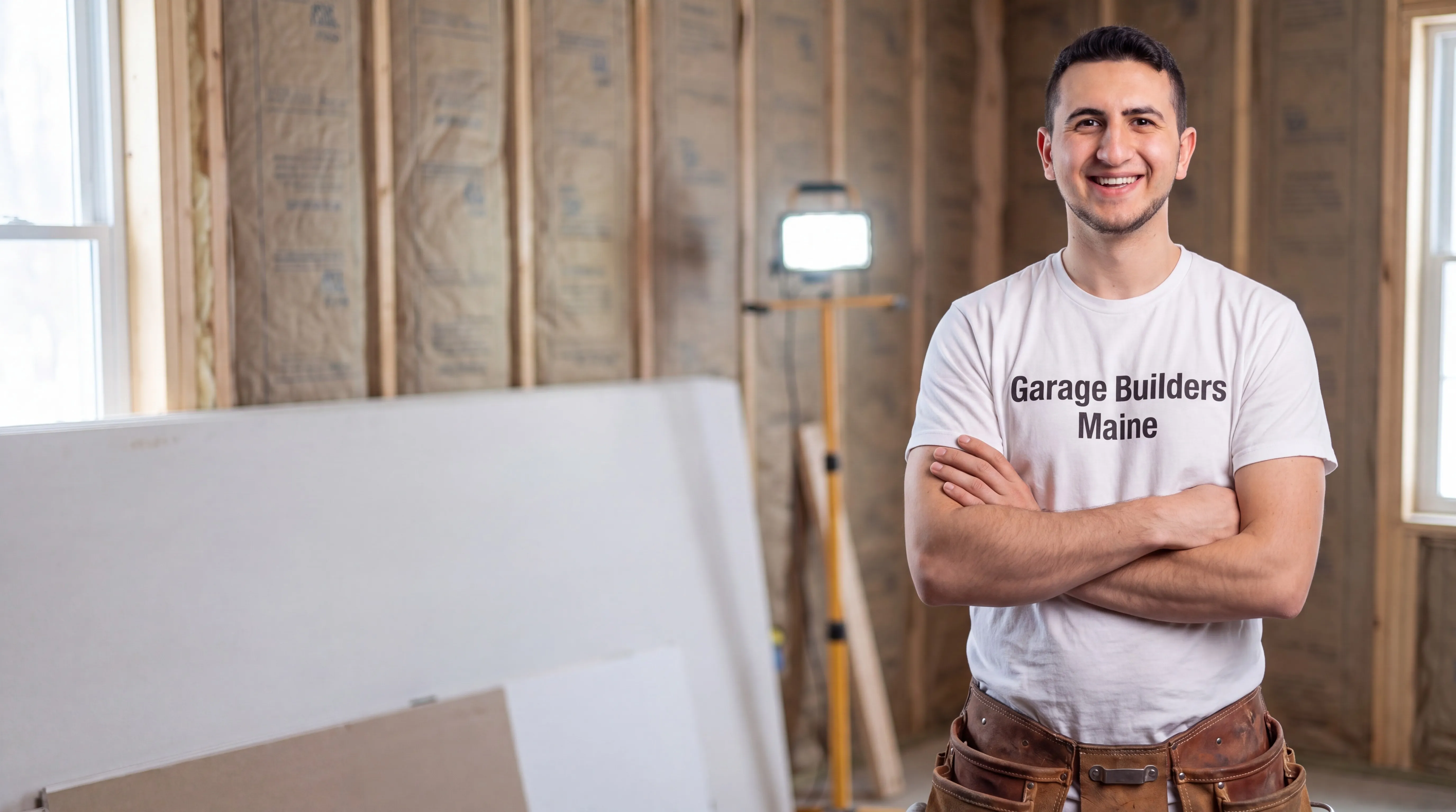 Garage remodeling Richmond Maine: owner with arms crossed in front of insulated garage walls and new drywall