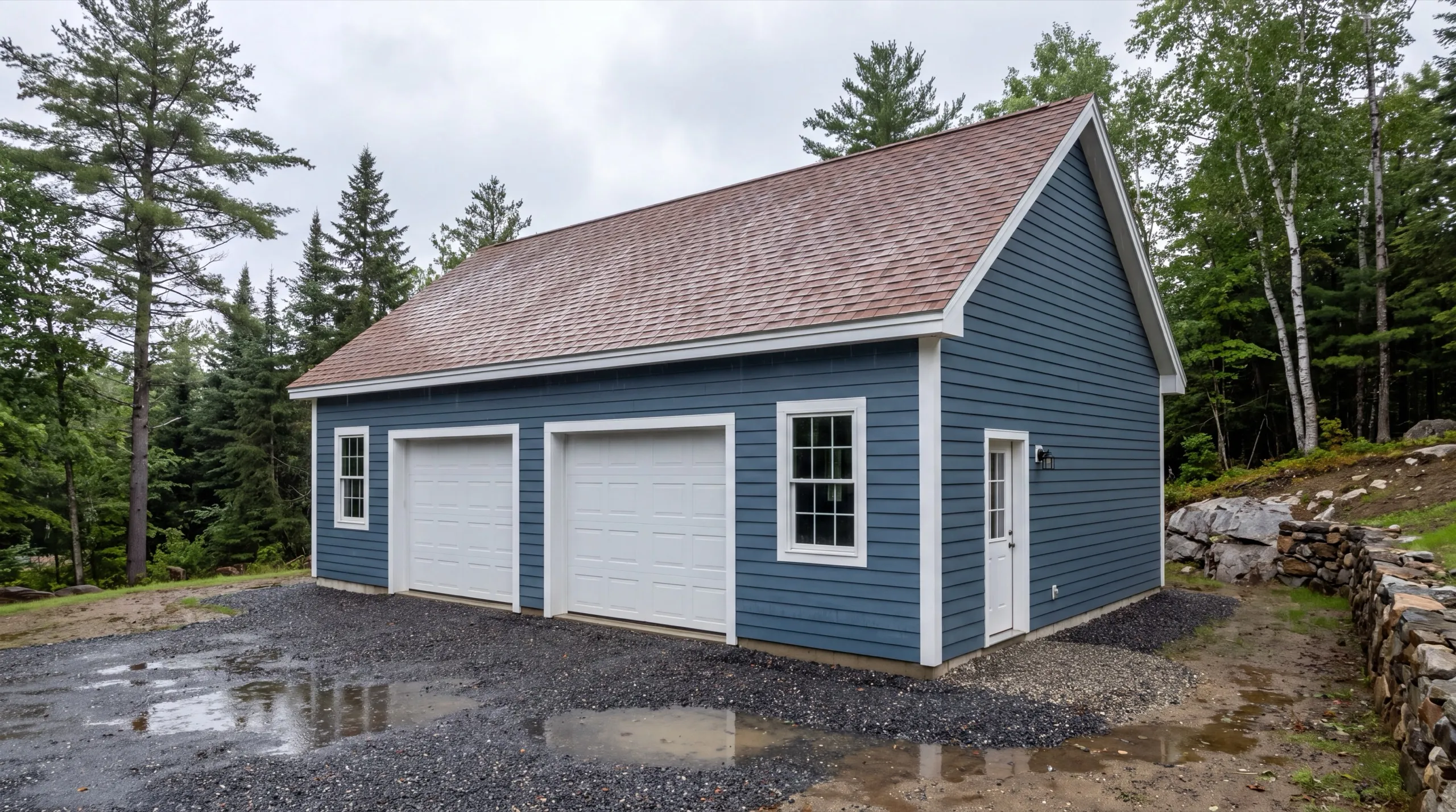 Garage remodeling Richmond Maine: blue two-bay garage with white doors and side door on a wet gravel drive