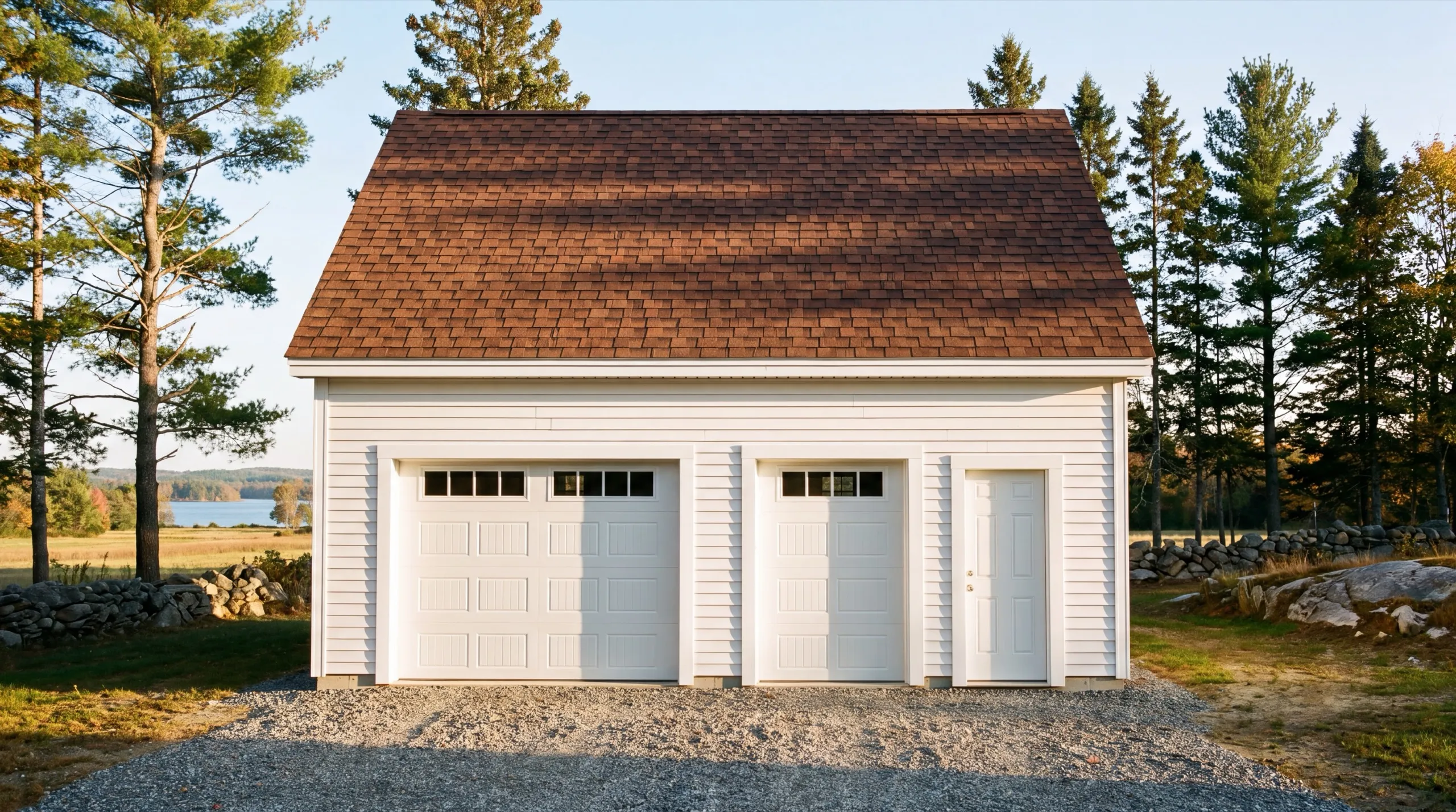 Garage remodeling Sidney Maine: white two-bay garage with windowed doors and a side door above a field