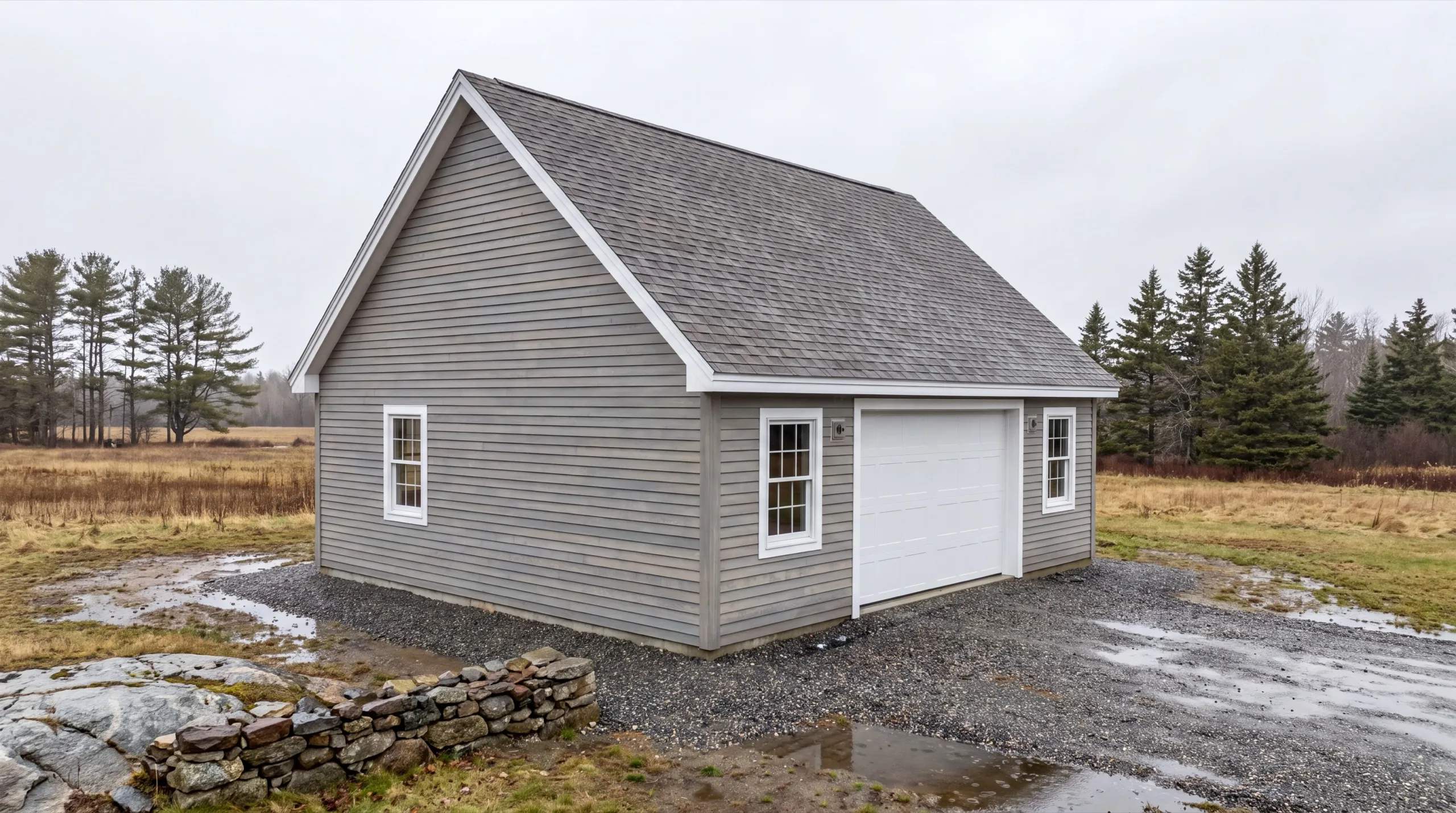 Garage remodeling Sidney Maine: gray single-bay garage with a white overhead door and two windows