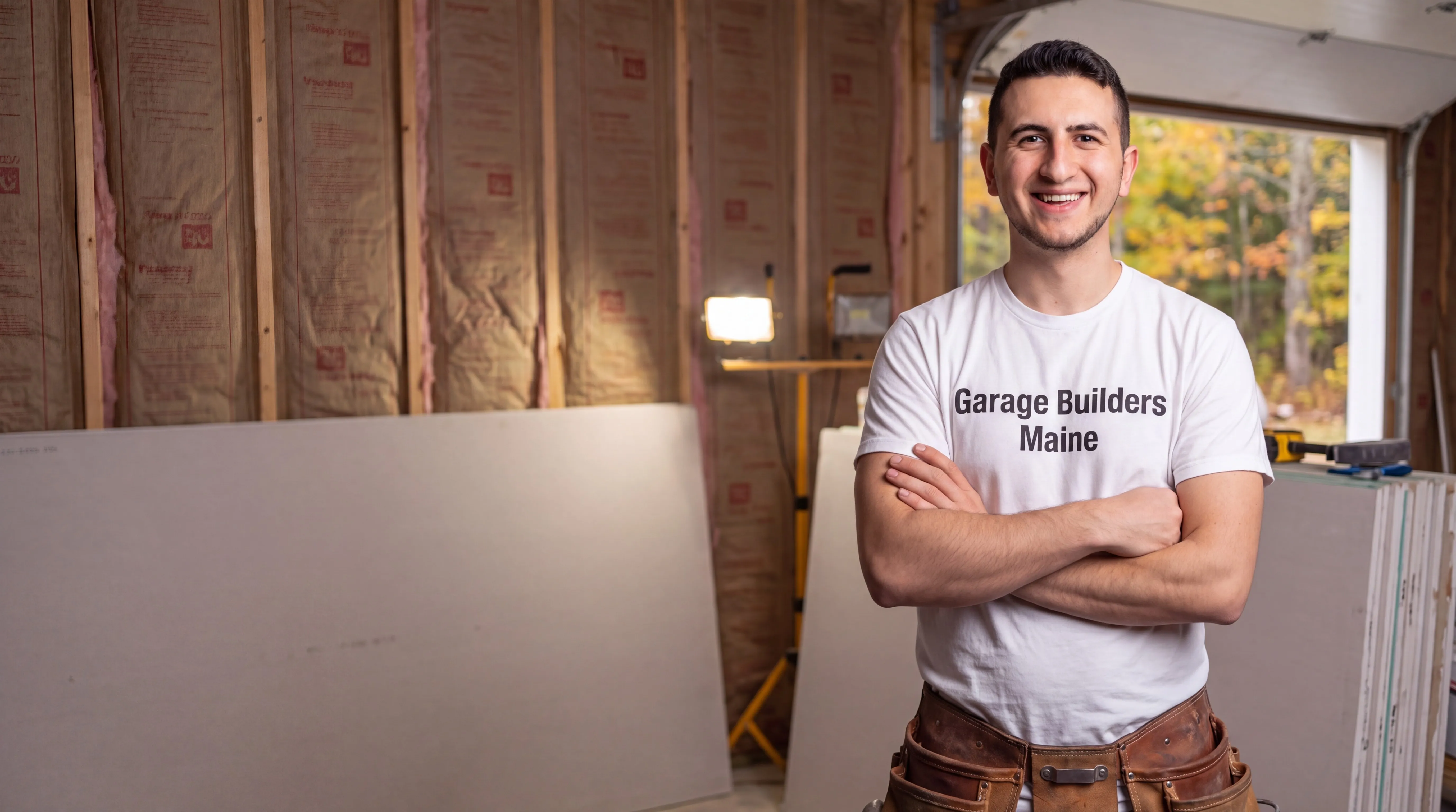 Garage remodeling Sidney Maine: owner with arms crossed in front of insulated garage walls and new drywall