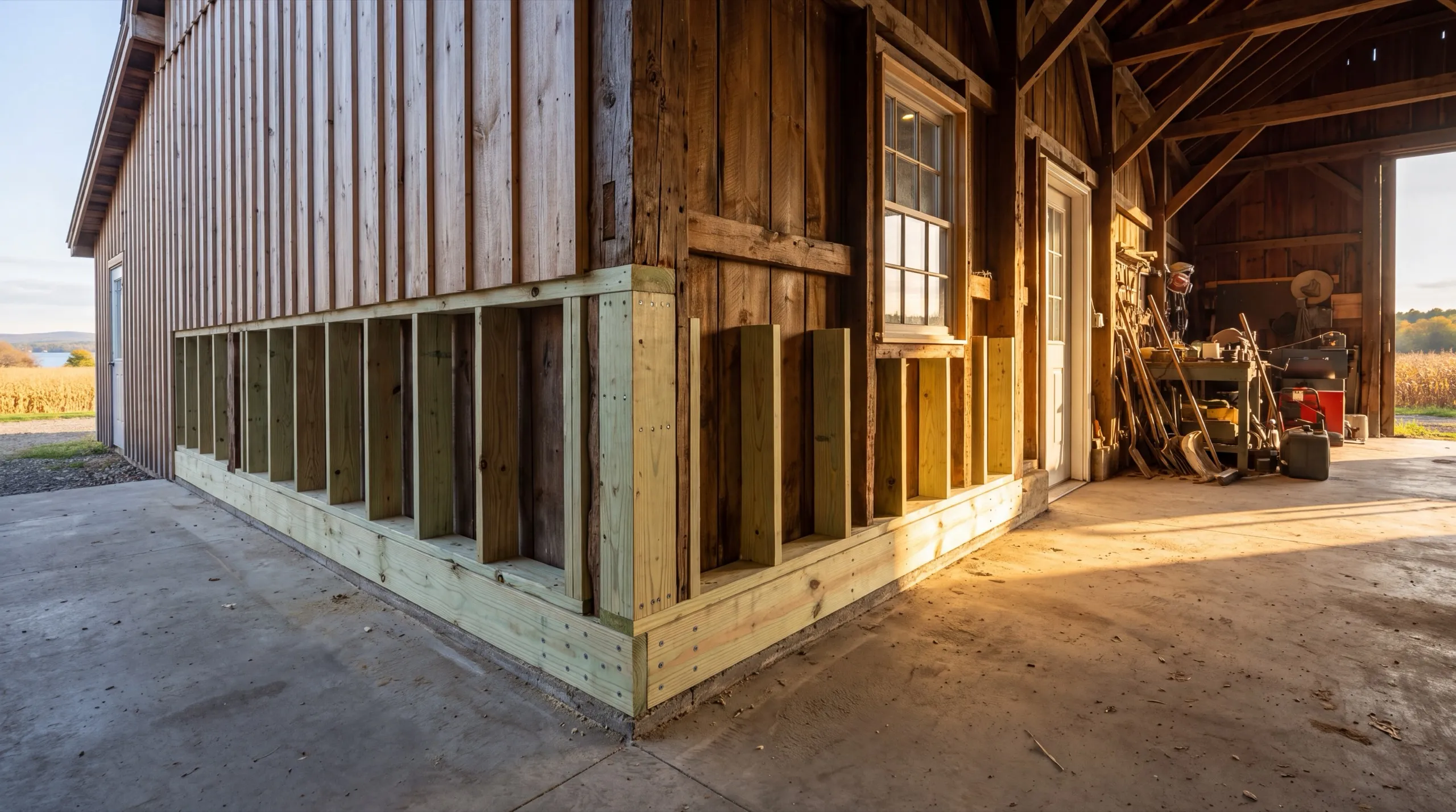 Garage remodeling contractor Sidney Maine: old board and batten barn garage with its lower walls reframed in new lumber