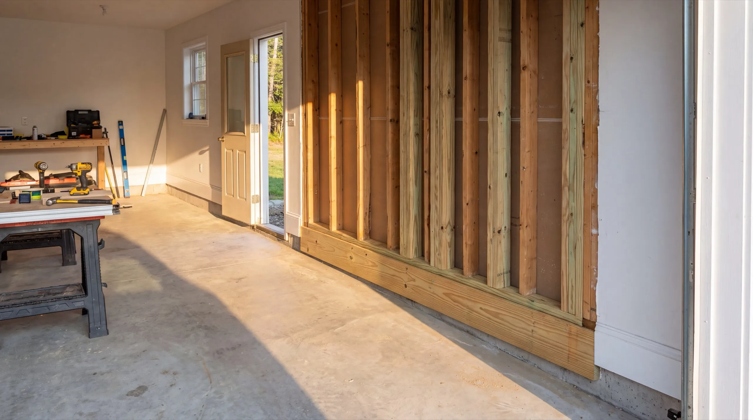 Garage renovation contractor Central Maine: opened garage wall with new studs and sill board beside a workbench of tools